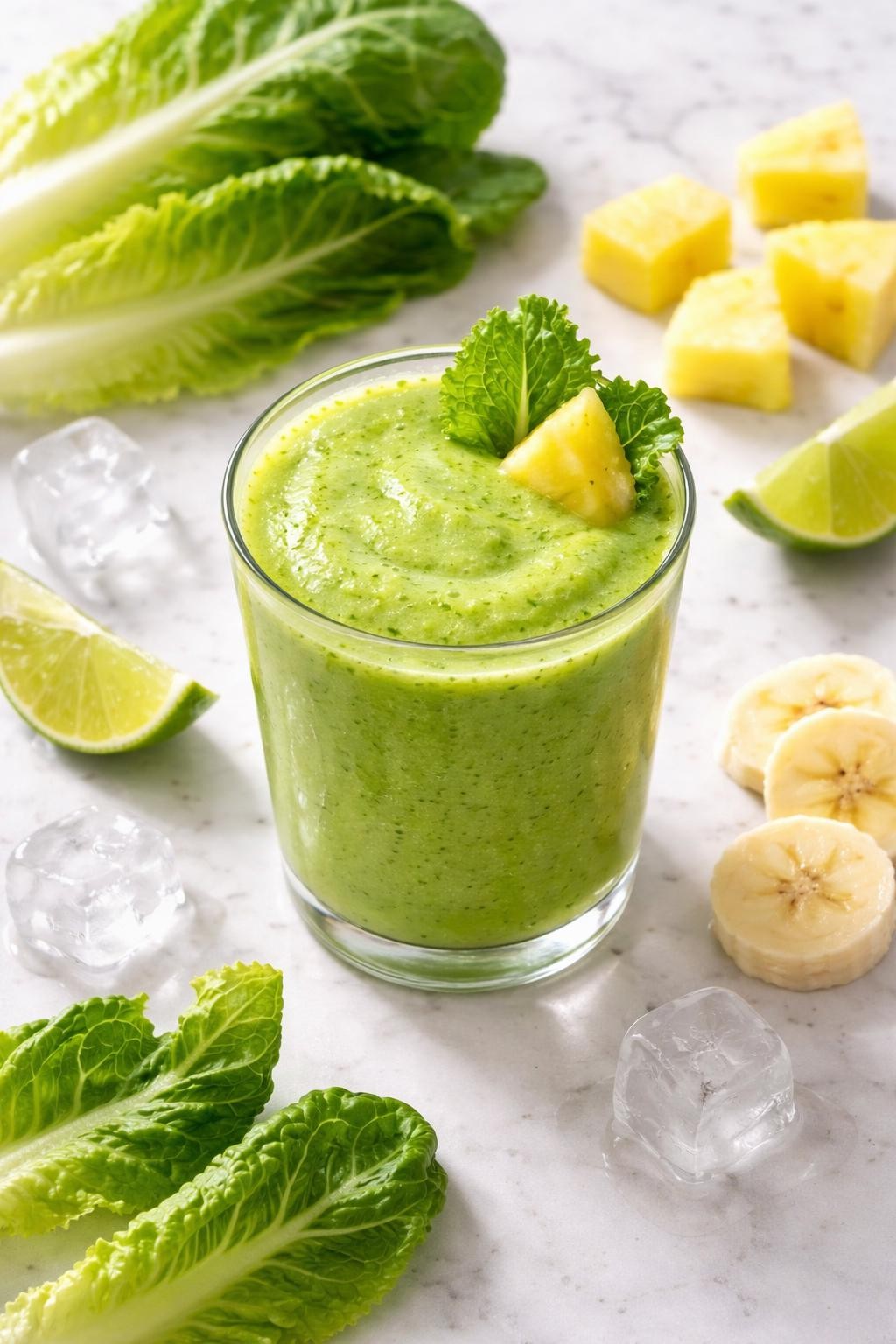 Realistic top-down editorial food photography of a romaine pineapple vegetable smoothie served in a clear glass on a light marble countertop. The smoothie is bright pale green, smooth, cold, and fresh-looking, styled with romaine leaves, pineapple chunks, banana slices, lime wedges, and ice cubes nearby. Bright natural daylight, clean green smoothie styling, realistic drink texture, high detail, no people, no hands, no text, no watermarks, no props with writing.