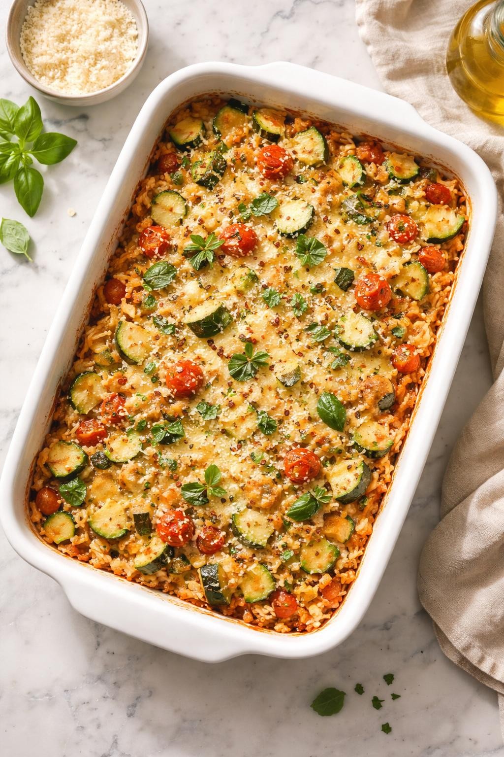 Image Prompt: Realistic top-down editorial food photography of Italian zucchini and rice bake in a white baking dish on a clean marble countertop, baked rice with diced zucchini, tomatoes, herbs, parmesan, and melted cheese, golden top visible, warm natural daylight, cozy homemade dinner mood, no people, no hands, no text, no watermarks, no props with writing.