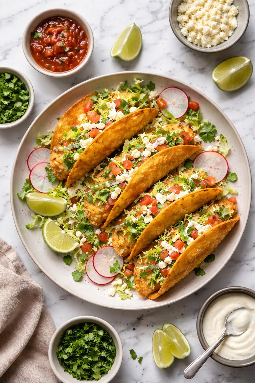 An overheard picture view of a plate of Tacos de Papa (Crispy Potato Tacos) sitting on a marble countertop table in the kitchen, professional food photography style.