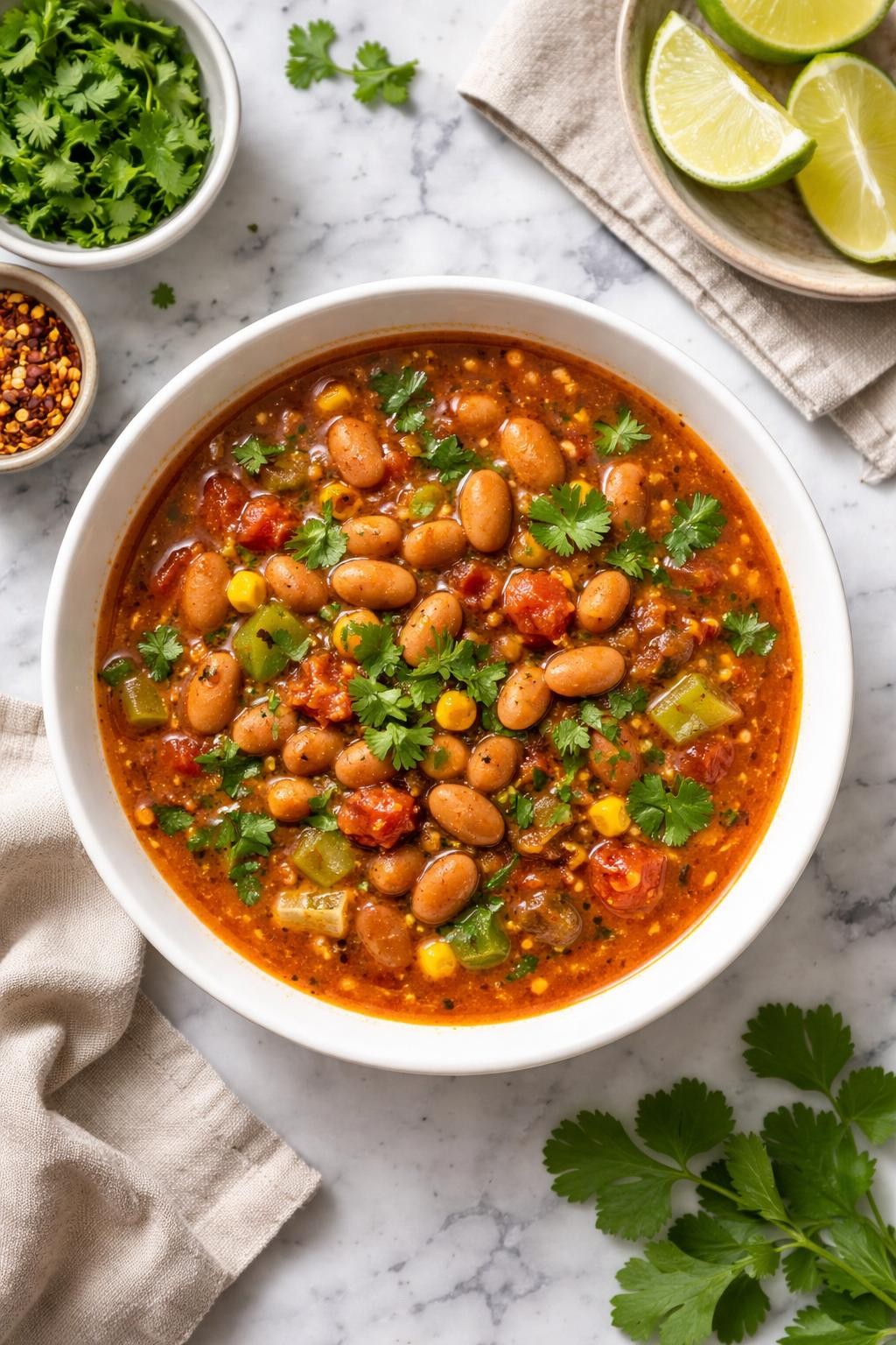 Image Prompt: Realistic top-down editorial food photography of southwest pinto bean soup on a white and gray marble countertop, reddish broth with pinto beans, corn, diced tomatoes, green peppers, cilantro, and lime wedges nearby, simple bowl, cozy but fresh homemade styling, natural daylight, soft shadows, no people, no hands, no text, no watermarks, no props with writing.