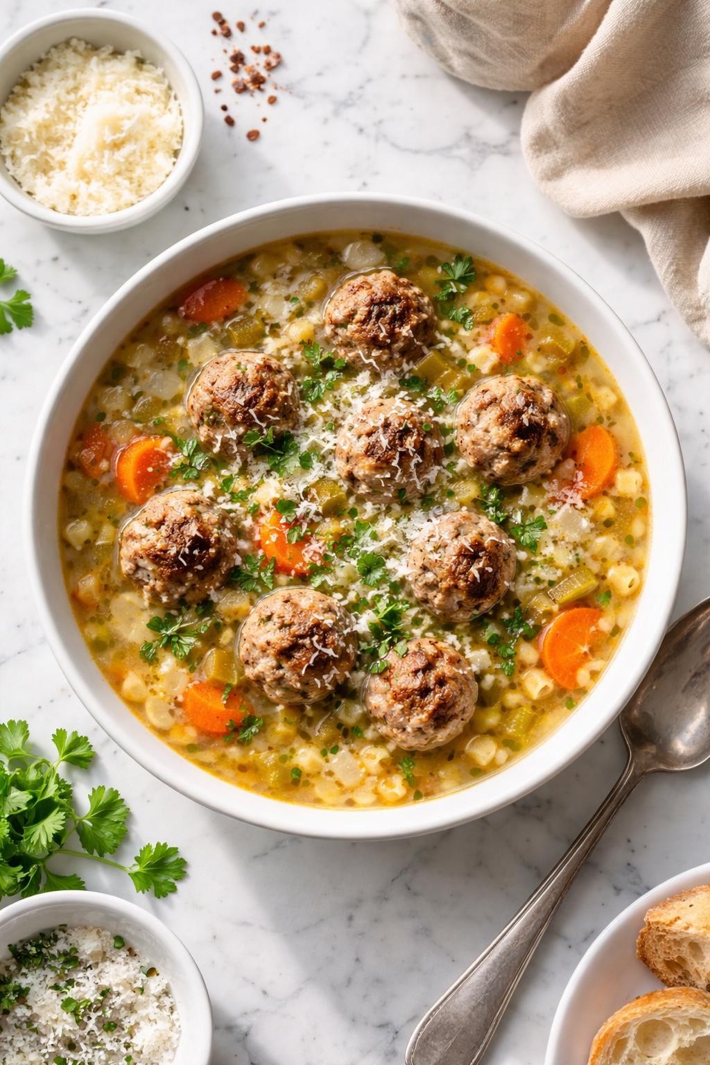 Image Prompt: Realistic top-down editorial food photography of a bowl of parmesan meatball soup on a clean white marble countertop, with tender browned meatballs, small pasta, carrots, celery, and a light savory broth finished with grated parmesan and parsley, cozy homemade comfort food mood, bright natural daylight, soft shadows, clean editorial styling, high detail, no people, no hands, no text, no watermarks, no props with writing.