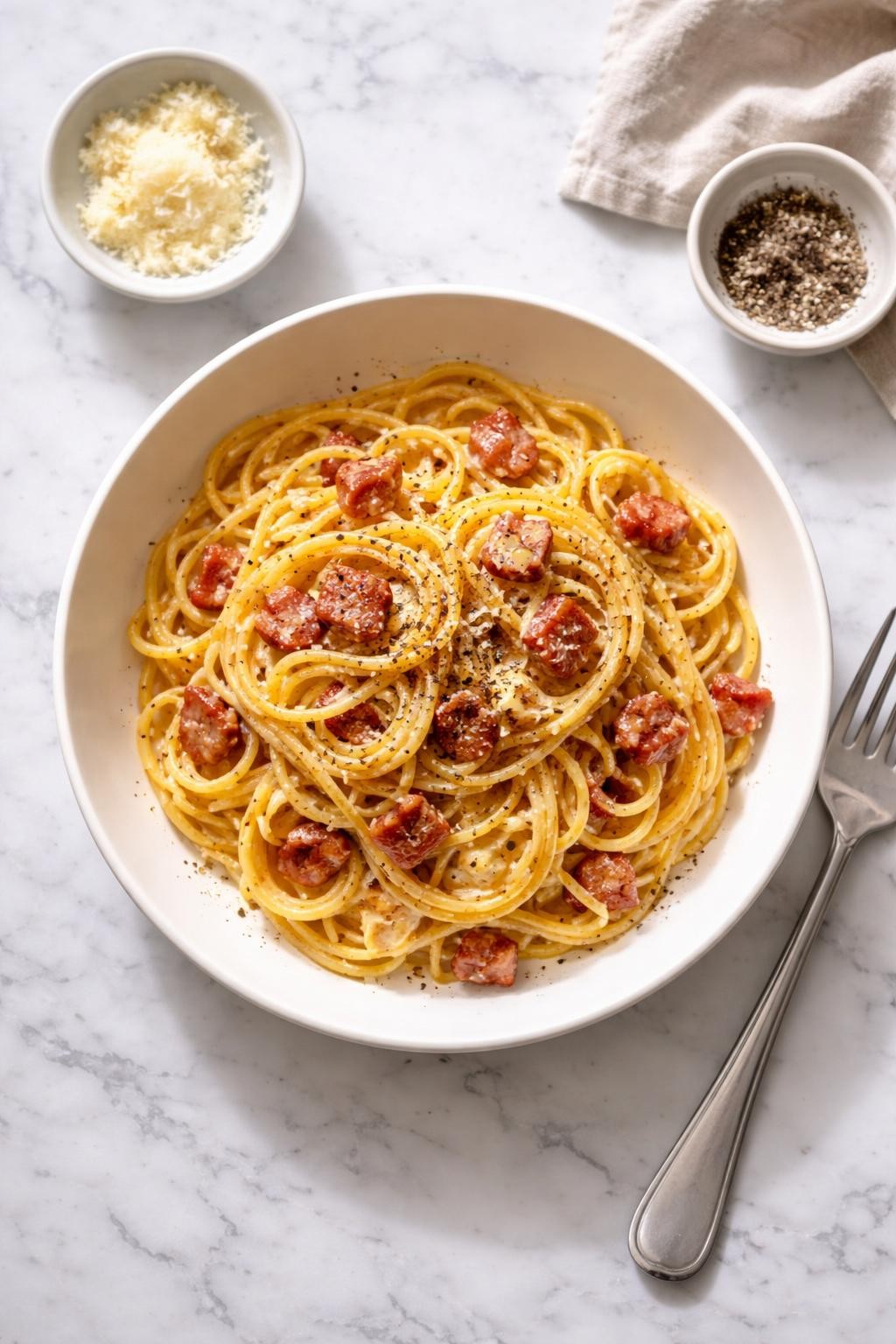Image Prompt: Realistic top-down editorial food photography of classic spaghetti carbonara in a shallow white bowl on a white marble countertop, spaghetti coated in silky egg and cheese sauce with crispy pancetta and cracked black pepper, simple Roman-style presentation, bright natural daylight, soft shadows, clean editorial food styling, high detail, realistic food texture, no people, no hands, no text, no watermarks, no props with writing.