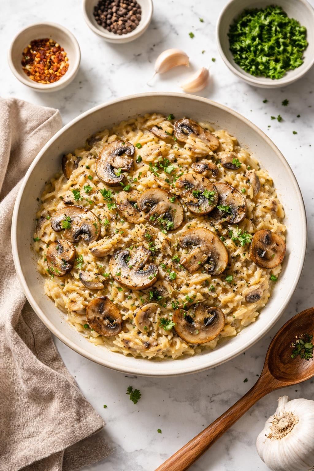 Image Prompt: Realistic top-down editorial food photography of a bowl of creamy garlic mushroom vegan orzo on a white marble countertop, creamy orzo mixed with browned mushrooms, garlic, parsley, and black pepper in a shallow bowl, cozy homemade dinner styling, bright natural daylight, soft shadows, clean editorial composition, high detail, realistic texture, no people, no hands, no text, no watermarks, no props with writing.