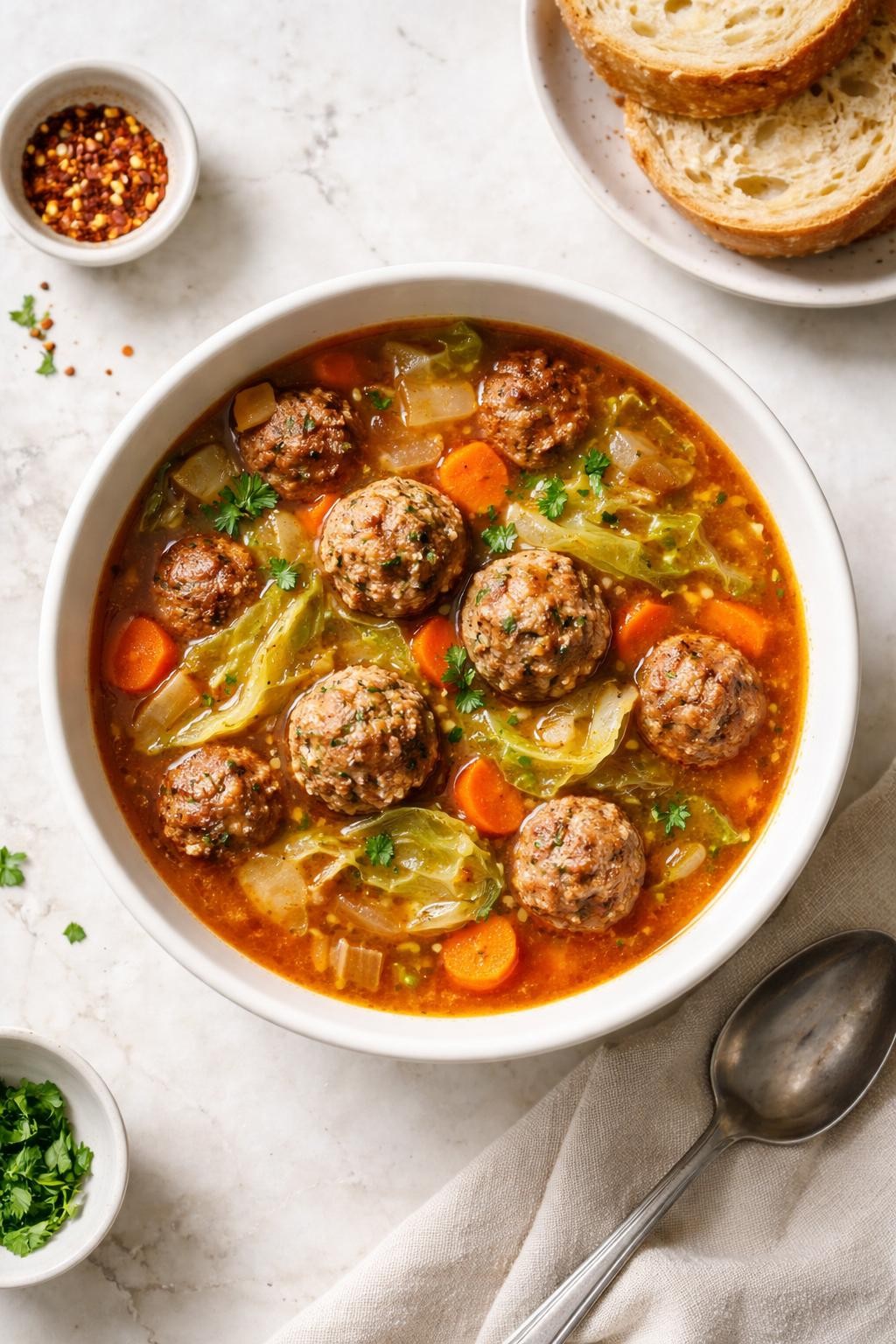 Image Prompt: Realistic top-down editorial food photography of a bowl of cabbage meatball soup on a pale marble countertop, filled with browned meatballs, chopped green cabbage, carrots, onions, and a tomato-rich broth, simple cozy homemade dinner styling, bright natural light, soft shadows, clean composition, high detail, realistic food texture, no people, no hands, no text, no watermarks, no props with writing.