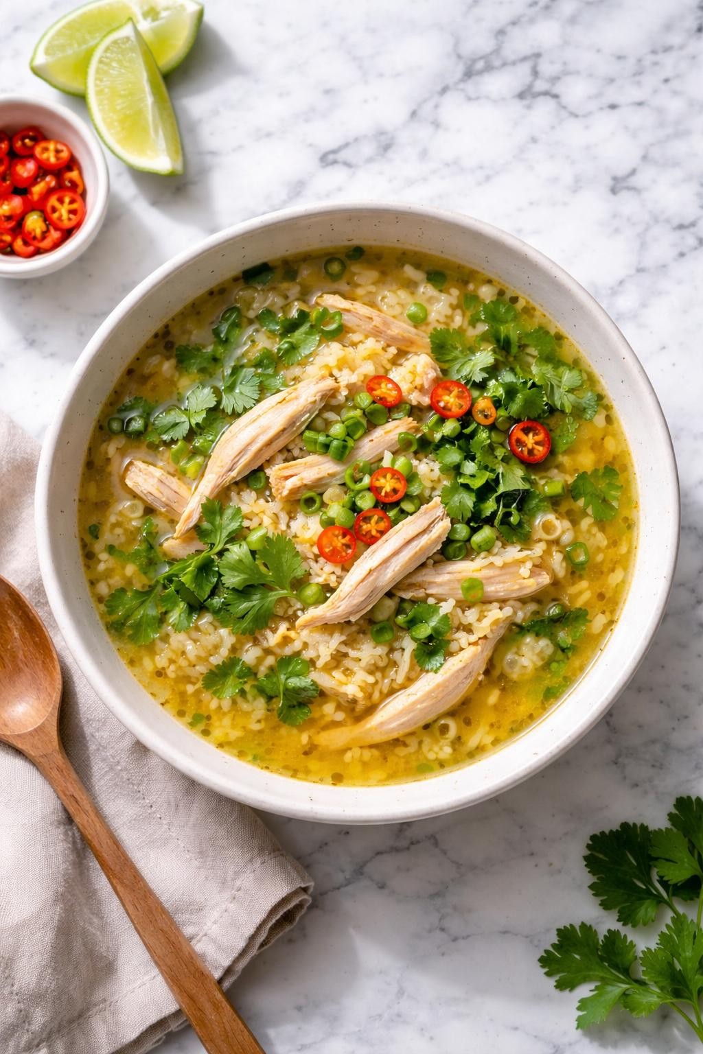 Image Prompt: Realistic top-down editorial food photography of a bowl of Thai chicken rice soup on a clean white and gray marble countertop, filled with shredded chicken, fluffy rice, green onions, cilantro, chili slices, and a fragrant golden broth, cozy homemade Thai comfort food mood, bright natural window lighting, soft shadows, clean composition, high detail, realistic food texture, no people, no hands, no text, no watermarks, no props with writing.