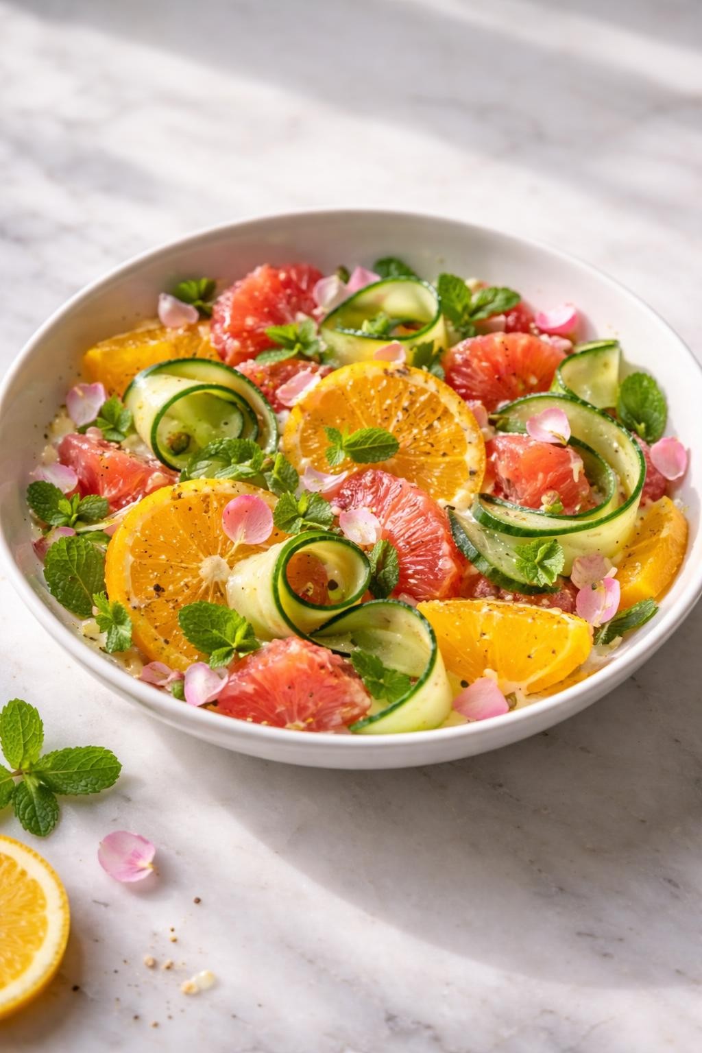 Realistic editorial food photography of a wild rose citrus salad in a simple white bowl on a pale marble countertop, orange slices, grapefruit segments, cucumber ribbons, fresh mint, tiny food-safe wild rose petals, and a light lemon dressing arranged neatly, bright fresh salad styling, natural window light, soft shadows, realistic fruit texture, no people, no hands, no text, no watermarks, no props with writing.