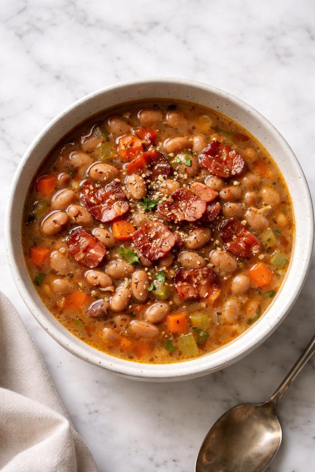 Image Prompt: Realistic top-down editorial food photography of pinto bean soup with bacon in a neutral bowl on a clean marble countertop, rich broth with tender pinto beans, crispy bacon pieces, diced vegetables, and black pepper on top, cozy homemade presentation, natural daylight, soft shadows, no people, no hands, no text, no watermarks, no props with writing.