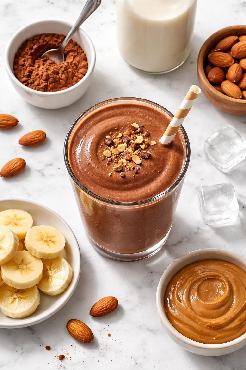 Realistic top-down editorial food photography of a chocolate almond milk smoothie served in a clear glass on a clean white marble countertop. The smoothie is rich chocolate brown, thick, smooth, and glossy, styled with cocoa powder in a plain small bowl, almond milk, banana slices, almond butter, and a few ice cubes nearby. Soft natural daylight, clean dessert smoothie styling, realistic thick texture, high detail, no people, no hands, no text, no watermarks, no props with writing.