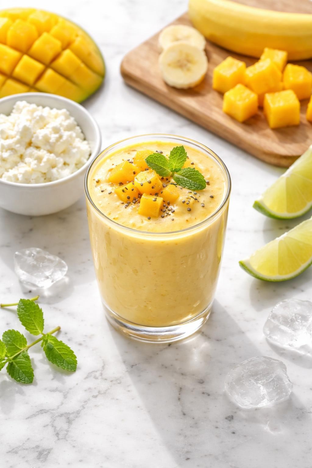 Realistic top-down food photography of a mango cottage cheese smoothie served in a clear glass on a clean white marble countertop. The smoothie is golden yellow, thick, creamy, and smooth, styled with mango cubes, cottage cheese in a plain bowl, banana slices, lime wedges, and a few ice cubes nearby. Bright natural daylight, clean tropical breakfast smoothie styling, high detail, realistic smoothie texture, no people, no hands, no text, no watermarks, no props with writing.