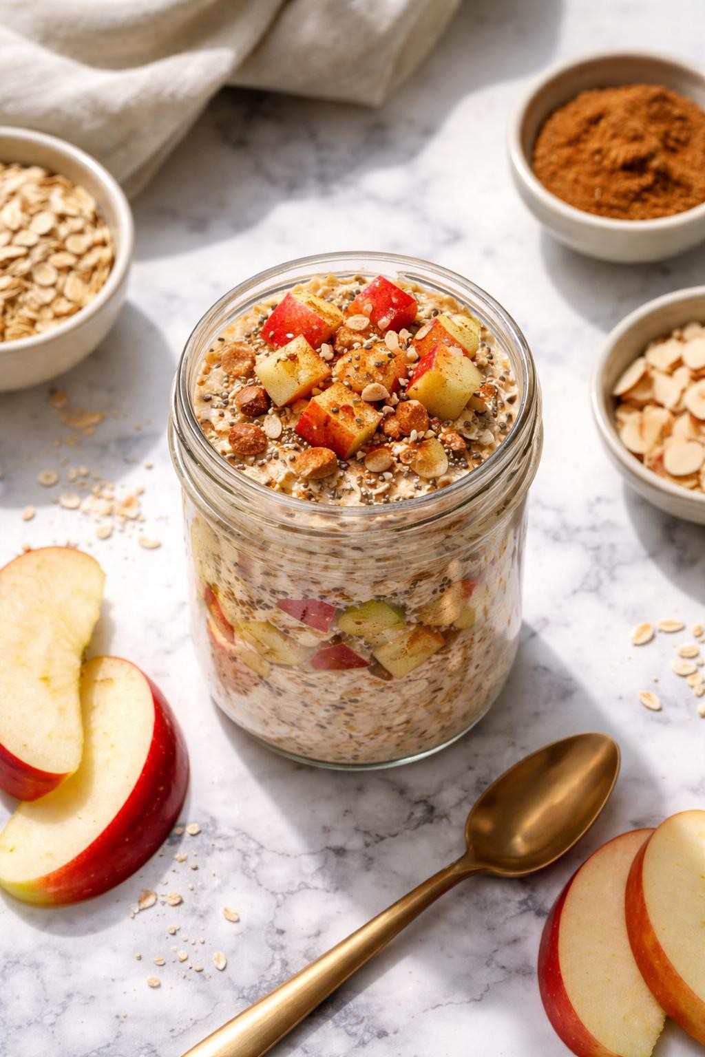 Realistic top-down editorial food photography of apple cinnamon overnight oats in a clear glass jar on a clean white and gray marble countertop, creamy oats layered with diced apples, chia seeds, ground flaxseed, cinnamon, and chopped almonds, a few apple slices placed nearby, cozy healthy breakfast styling, bright natural window light, soft shadows, high detail, realistic oat texture, no people, no hands, no text, no watermarks, no props with writing.