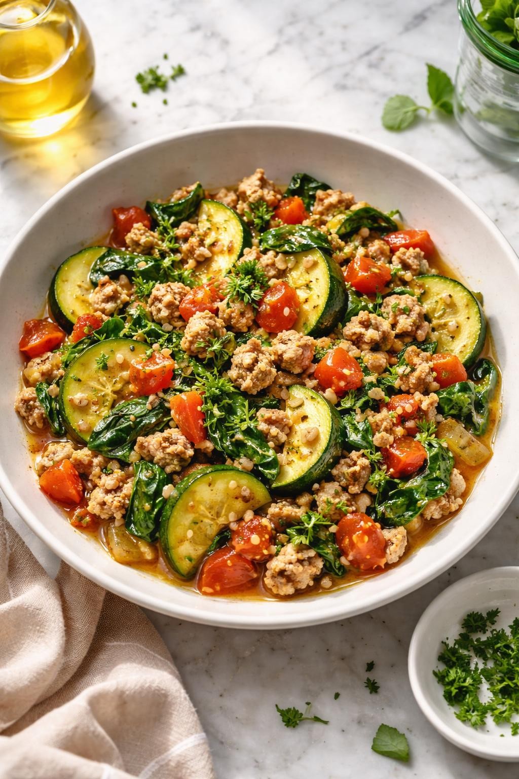 Realistic top-down food photography of a turkey zucchini skillet served in a shallow white bowl on a clean marble countertop, browned ground turkey mixed with zucchini half-moons, diced tomatoes, onion, garlic, spinach, and fresh herbs, light drizzle of olive oil, warm homemade dinner mood, bright natural window lighting, soft shadows, high detail, realistic food texture, no people, no hands, no text, no watermarks, no props with writing.