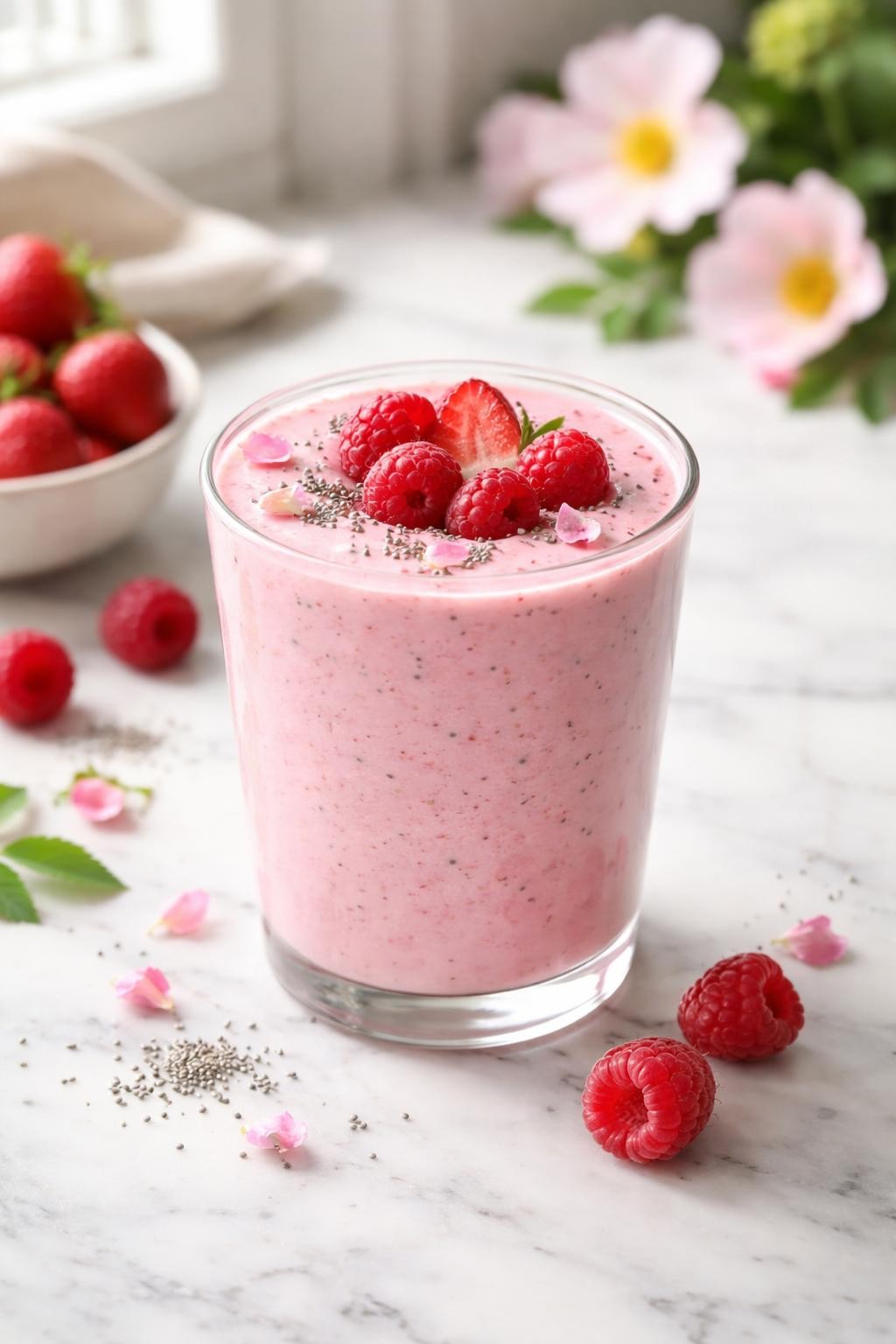 Realistic editorial food photography of a wild rose berry smoothie in a clear glass on a clean marble countertop, creamy pink smoothie made with strawberries, raspberries, plain yogurt, and a light wild rose infusion, topped with a few fresh berries, tiny food-safe rose petals, and chia seeds, bright natural window light, soft shadows, clean healthy breakfast drink styling, high detail, no people, no hands, no text, no watermarks, no props with writing.