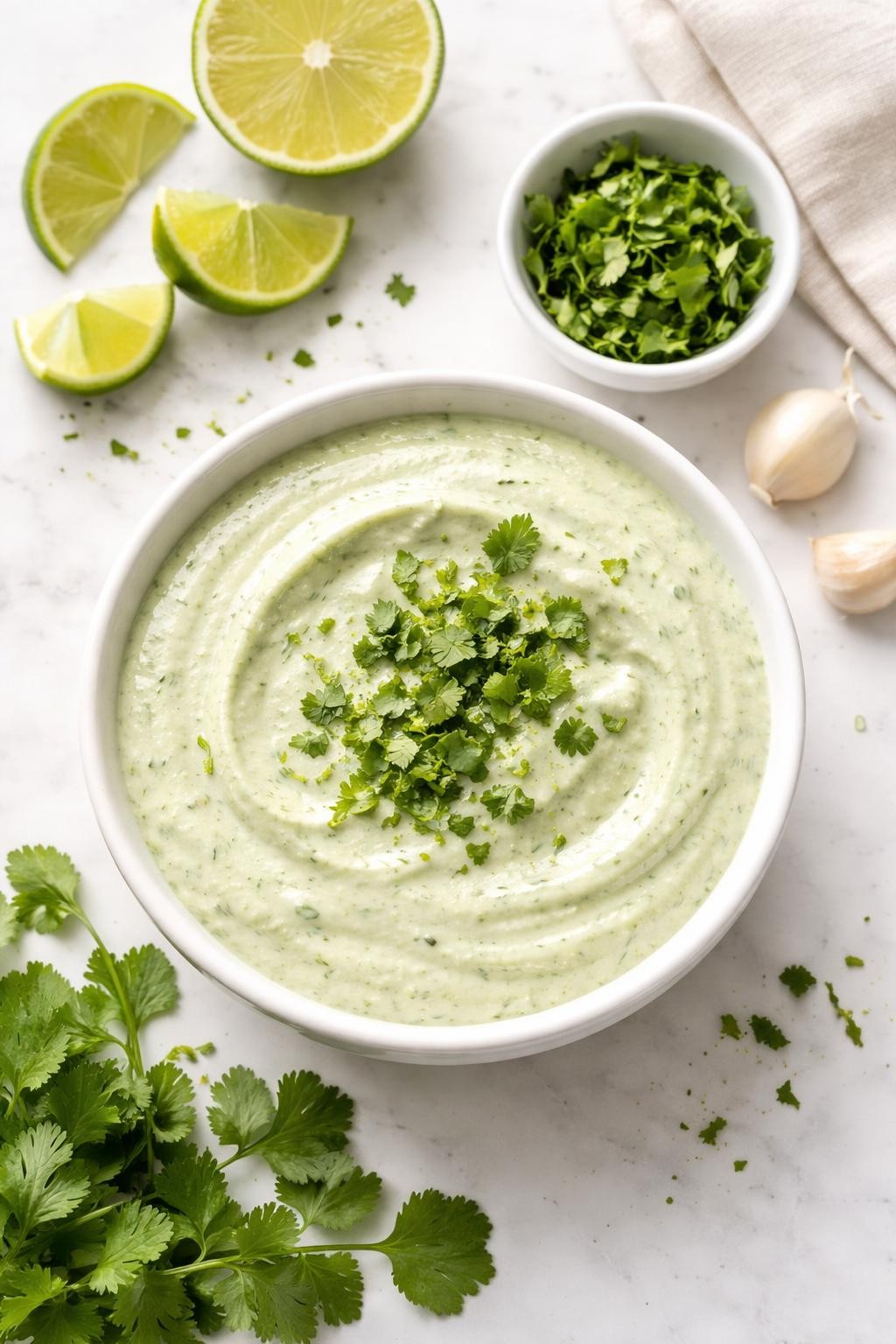 Image Prompt: Realistic top-down editorial food photography of a bowl of creamy cilantro lime sauce on a clean white countertop, pale green Mexican-style sauce with smooth creamy texture, made with cilantro, lime juice, garlic, and yogurt or sour cream, fresh chopped cilantro scattered nearby, bright natural daylight, clean editorial food styling, fresh and simple homemade feel, no people, no hands, no text, no watermarks, no props with writing.