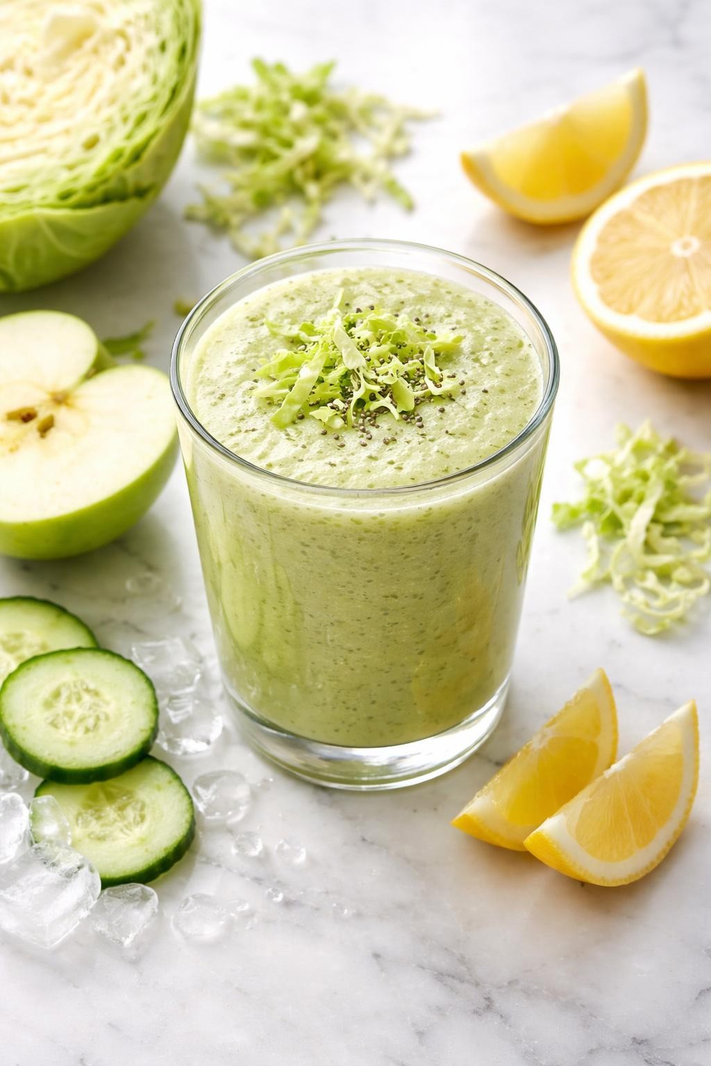Realistic top-down editorial food photography of a cabbage apple vegetable smoothie served in a clear glass on a clean white marble countertop. The smoothie is pale green, smooth, light, and fresh-looking, styled with shredded green cabbage, apple slices, cucumber slices, lemon wedges, and ice cubes nearby. Soft natural daylight, crisp clean vegetable smoothie styling, high detail, realistic drink texture, no people, no hands, no text, no watermarks, no props with writing.