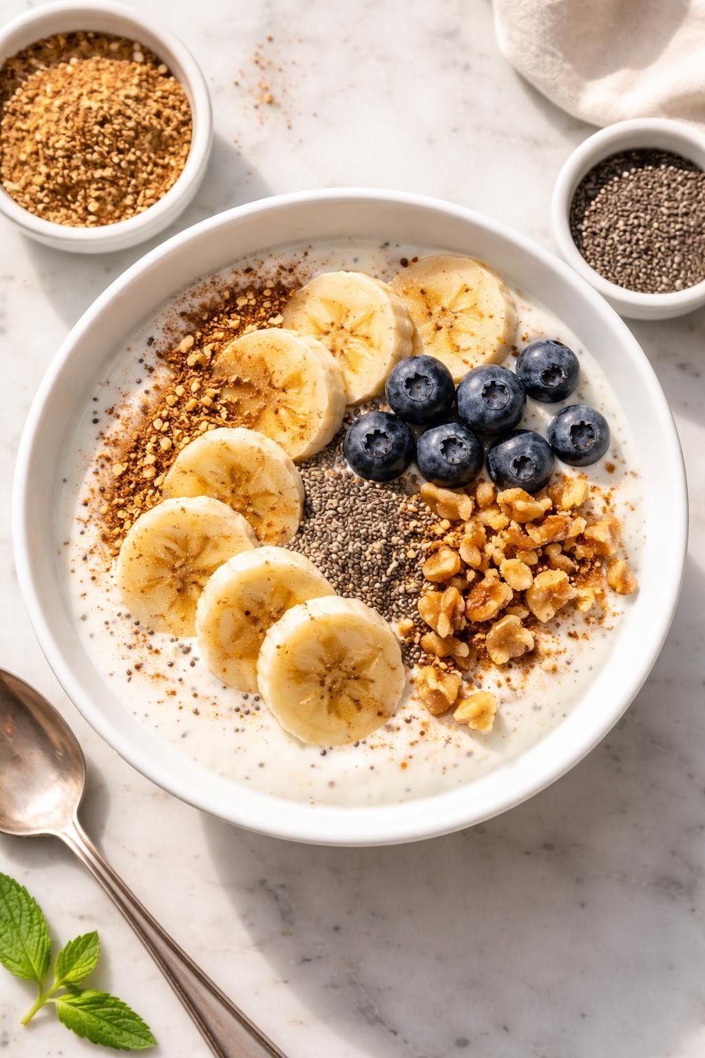 Realistic top-down editorial food photography of banana flax kefir bowl in a simple white bowl on a pale marble countertop, plain kefir mixed with sliced banana, ground flaxseed, chia seeds, walnuts, cinnamon, and a few blueberries, creamy healthy breakfast bowl styling, bright natural window light, soft shadows, high detail, realistic texture, no people, no hands, no text, no watermarks, no props with writing.