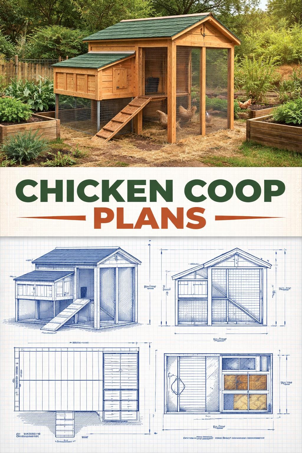 Image Prompt: A vertical 2-collage image for a blog post about chicken coop plans. The top half shows a realistic finished small backyard chicken coop made from natural wood, with a sloped roof, small ramp, side nesting box, attached wire run, straw bedding, and a neat garden setting with herbs and raised beds nearby. The bottom half shows the actual coop plans in a clean blueprint-style layout, including front view, side view, top view, dimensions, material framing lines, and a simple construction sketch on a white or light blueprint background. The two parts should clearly match the same coop design. Realistic, useful, editorial, no people, no watermark.