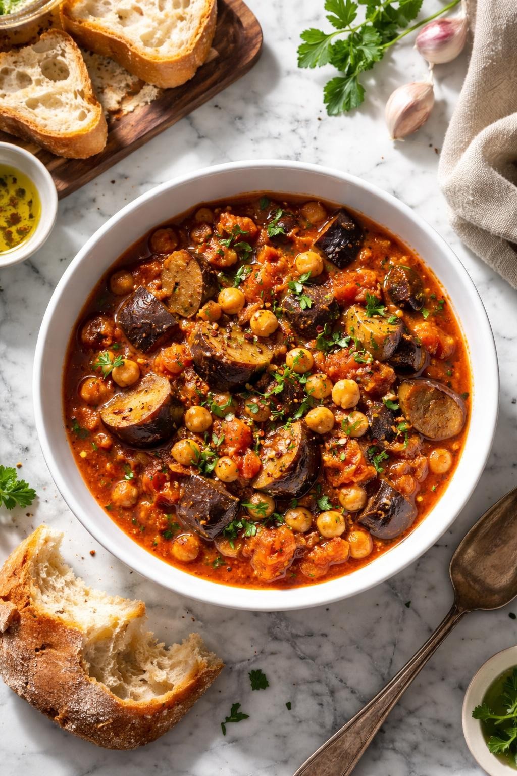 Image Prompt: Realistic top-down editorial food photography of a vegan eggplant and chickpea stew in a deep white bowl on a marble countertop, tender eggplant chunks and chickpeas in a rich tomato stew with herbs and garlic, served with crusty bread on the side, warm cozy homemade dinner styling, bright natural light, soft shadows, high detail, realistic food texture, no people, no hands, no text, no watermarks, no props with writing.
