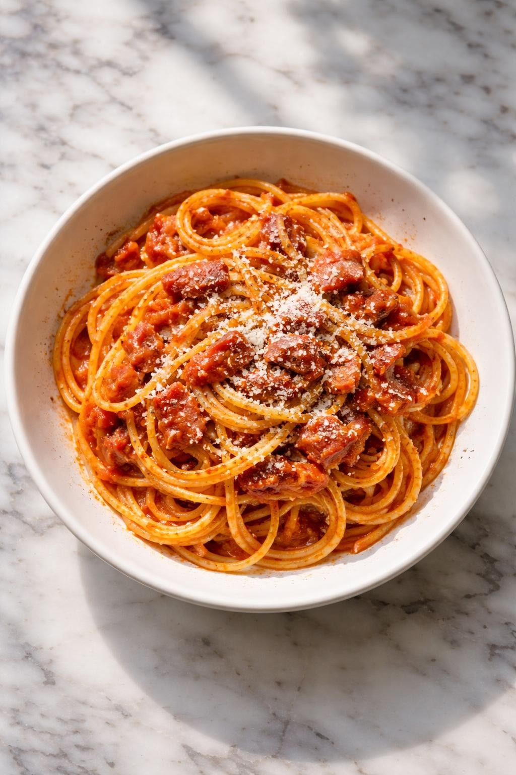 Image Prompt: Realistic top-down editorial food photography of spaghetti amatriciana in a shallow white bowl on a clean white and gray marble countertop, spaghetti coated in tomato sauce with crispy pancetta, black pepper, and grated cheese, bright natural daylight, soft shadows, classic Roman pasta styling, high detail, realistic food texture, no people, no hands, no text, no watermarks, no props with writing.