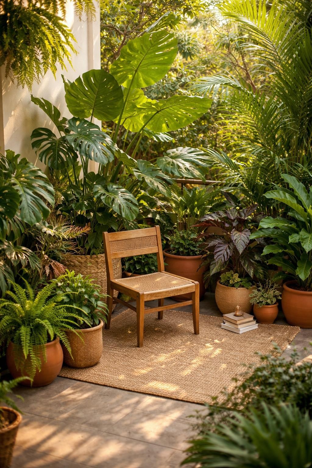 Image Prompt: A beautiful tropical patio corner filled with mixed leafy planters, monstera, elephant ear, palms, ferns, and calathea in terracotta and ceramic pots, small wooden chair, woven rug, warm daylight, lush layered garden patio design, no people, realistic DSLR photo, no text, no watermarks on images.