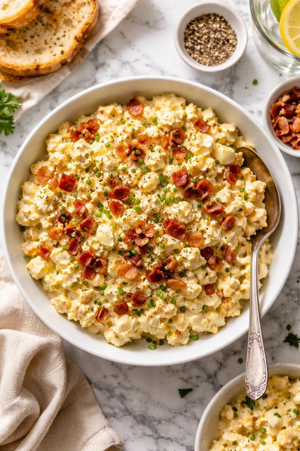 Image Prompt: Realistic top-down editorial food photography of egg salad with bacon in a shallow white bowl on a white and gray marble countertop, creamy chopped egg salad with crispy bacon pieces, mayonnaise, mustard, and black pepper, cozy homemade lunch styling, bright natural window lighting, soft shadows, high detail, realistic textures, no people, no hands, no text, no watermarks, no props with writing.