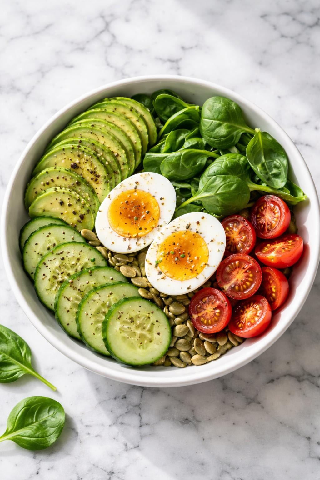 Realistic top-down editorial food photography of an avocado egg breakfast bowl on a clean white and gray marble countertop, sliced ripe avocado, soft boiled eggs cut in half, fresh baby spinach, cherry tomatoes, cucumber slices, and pumpkin seeds arranged neatly in a simple white bowl, light sprinkle of black pepper and herbs on top, bright natural window lighting, clean healthy breakfast styling, high detail, realistic food texture, no people, no hands, no text, no watermarks, no props with writing.
