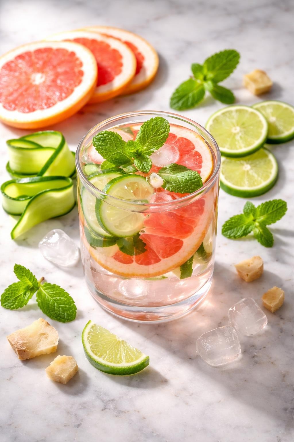 Prompt: A realistic top-down editorial food photography shot of a refreshing grapefruit detox drink served in a clear glass filled with pale pink grapefruit cucumber water, thin grapefruit rounds, cucumber slices, lime rounds, fresh mint leaves, tiny peeled ginger pieces, and ice cubes. The glass is sitting on a countertop marble table with soft natural morning light, extra grapefruit slices, cucumber ribbons, lime slices, mint leaves, ginger pieces, and a few ice cubes arranged neatly nearby, clean fresh citrus wellness drink mood, no people, no hands, no text, no watermarks, no props with writing.