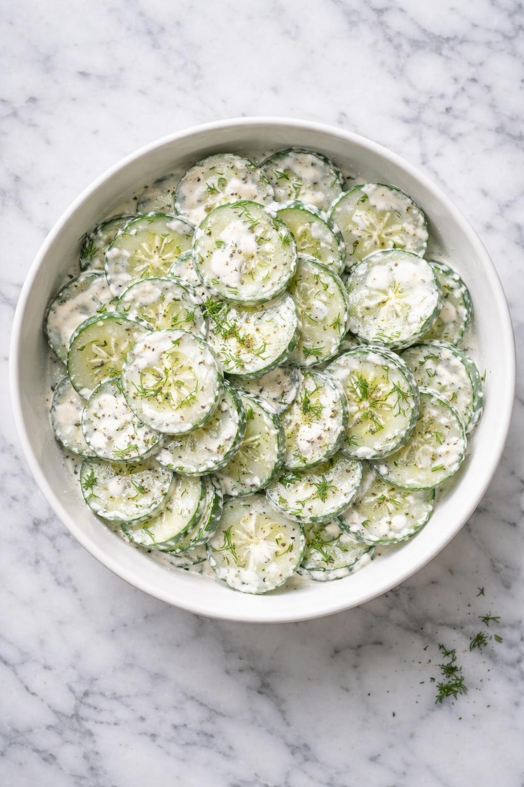 Image Prompt: Realistic top-down editorial food photography of cream cheese cucumber salad in a white bowl on a clean white and gray marble countertop, cucumber slices coated in a creamy whipped cream cheese dressing with herbs and cracked pepper, chilled salad mood, bright natural daylight, no people, no hands, no text, no watermarks, no props with writing.