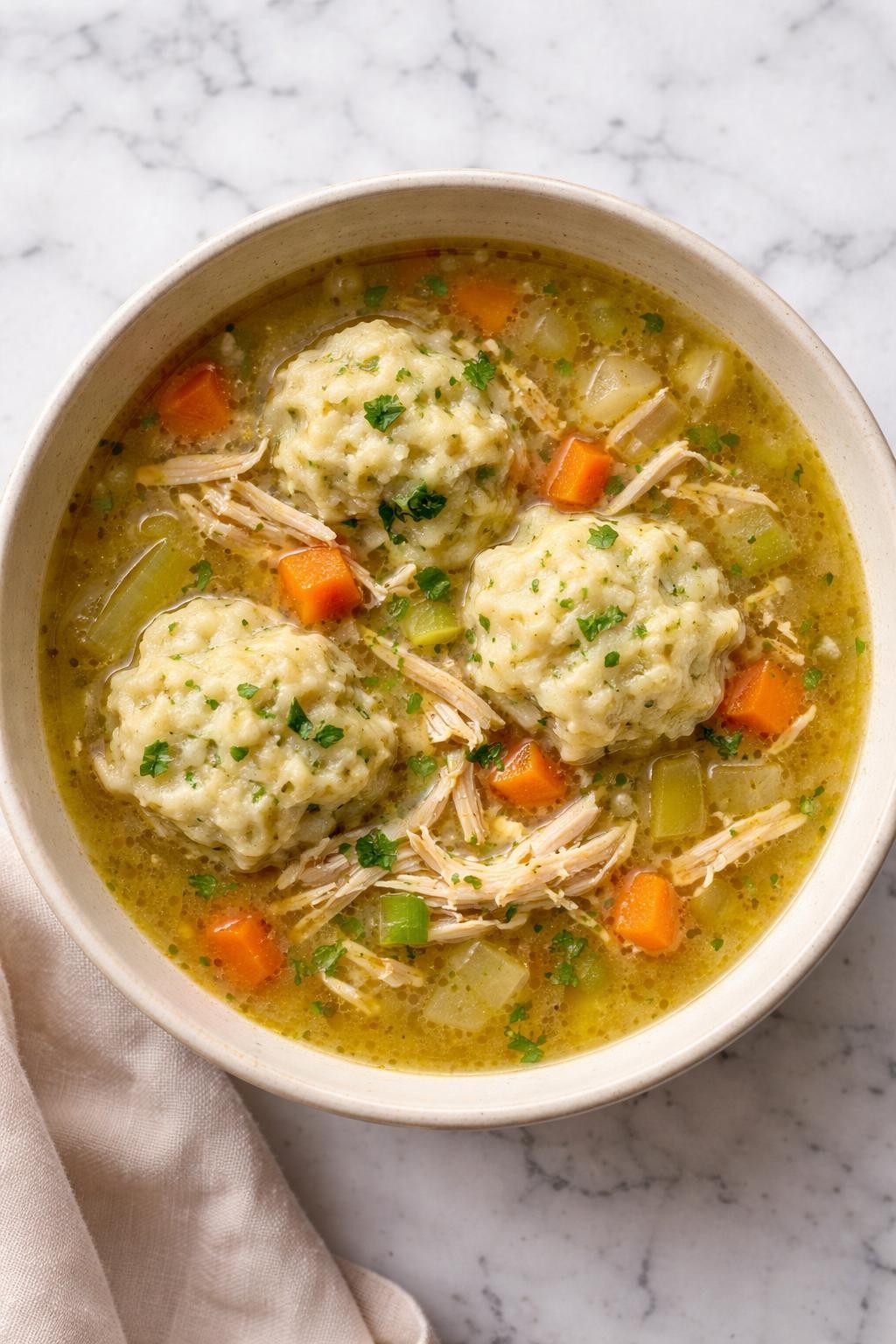 Image Prompt: Realistic top-down editorial food photography of chicken breast dumpling soup in a simple bowl on a clean marble countertop, rich broth with shredded chicken breast, carrots, celery, onion, and fluffy dumplings on top, cozy homemade comfort food mood, bright natural light, no people, no hands, no text, no watermarks, no props with writing.