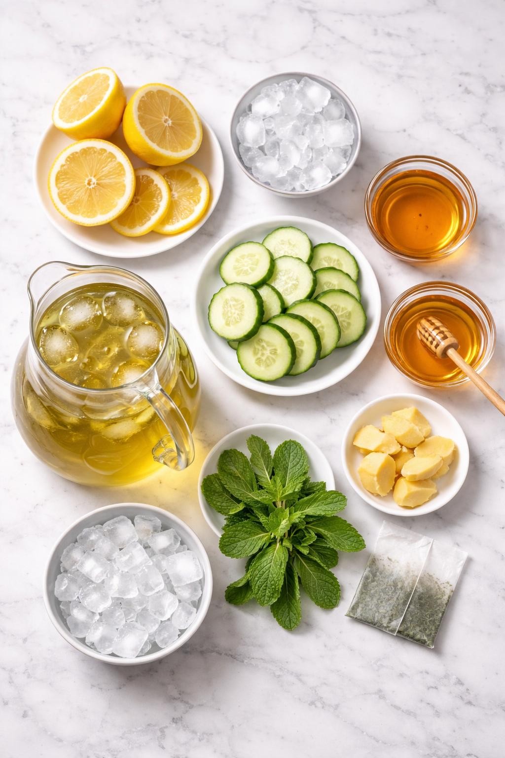 Prompt: A realistic top-down flat lay food photography shot of all ingredients for the best green tea detox drink arranged neatly on a countertop marble table: brewed chilled green tea in a clear glass pitcher, fresh lemon halves and lemon rounds, thin cucumber slices, peeled fresh ginger pieces, fresh mint leaves, honey in a small clear bowl, apple cider vinegar in a small clear bowl, green tea bag with no visible label or writing, and ice cubes in a small clear bowl. Clean natural lighting, fresh green tea drink styling, neat composition, no people, no hands, no text, no watermarks, no props with writing.