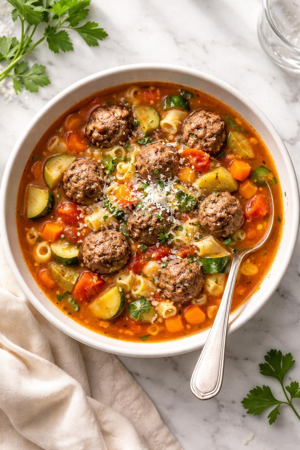 Image Prompt: Realistic top-down editorial food photography of a bowl of meatball minestrone soup on a white marble countertop, filled with mini beef meatballs, beans, small pasta, carrots, celery, zucchini, tomatoes, and a rich vegetable broth, topped with parsley and parmesan, warm homemade comfort food mood, bright natural window light, soft shadows, clean styling, high detail, no people, no hands, no text, no watermarks, no props with writing.