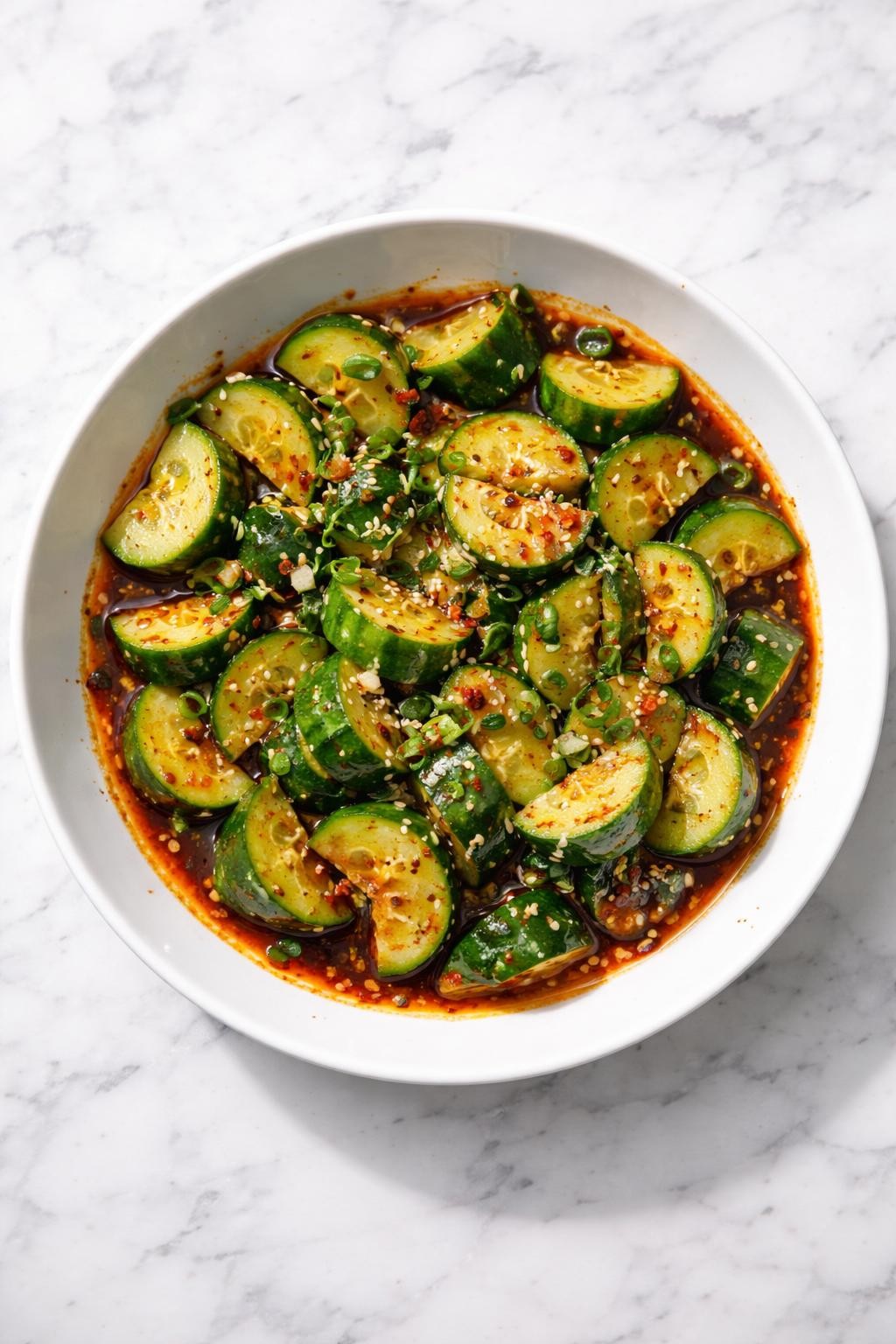 Image Prompt: Realistic top-down editorial food photography of spicy chili oil cucumber salad in a shallow white bowl on a clean marble countertop, sliced cucumbers tossed with chili oil, garlic, sesame seeds, soy sauce, and red pepper flakes, glossy finish visible, bright natural daylight, fresh bold homemade salad mood, no people, no hands, no text, no watermarks, no props with writing.