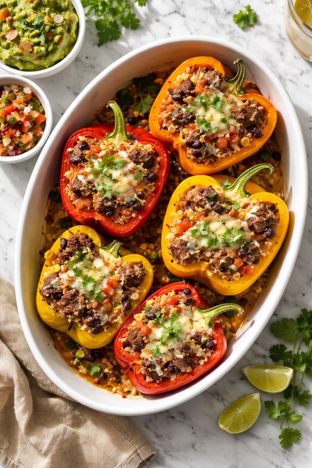 Image Prompt: Realistic top-down editorial food photography of Mexican-style steak stuffed peppers on a clean white and gray marble countertop, roasted bell peppers filled with steak, rice, beans, tomatoes, and melted cheese, topped with cilantro, bright natural light, soft shadows, warm homemade dinner styling, high detail, realistic food texture, no people, no hands, no text, no watermarks, no props with writing.