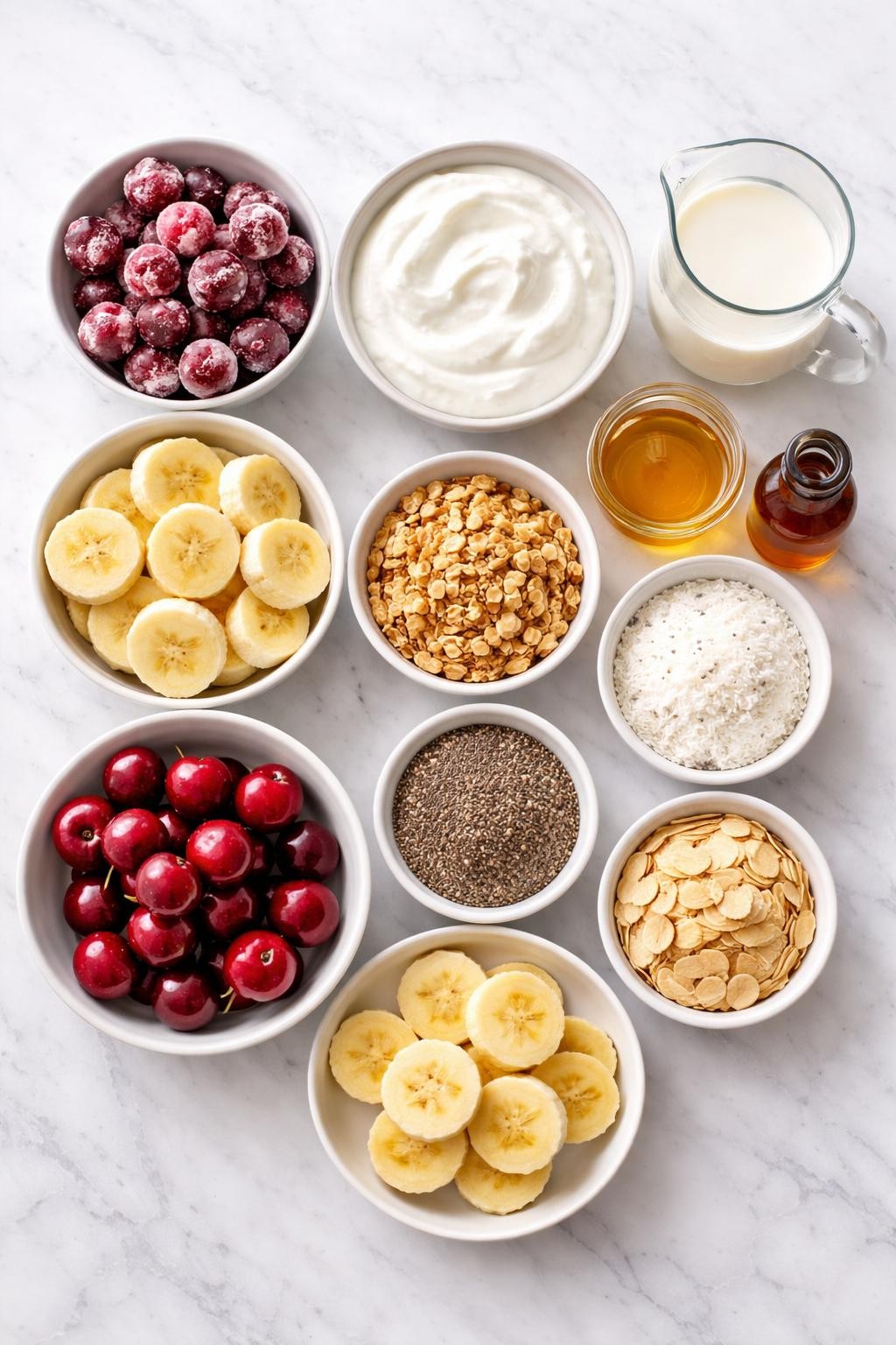 Prompt: A realistic top-down flat lay food photography image of cherry smoothie bowl ingredients arranged neatly on a countertop marble table. Include frozen pitted cherries, frozen banana slices, thick Greek yogurt, almond milk, honey, vanilla extract, fresh pitted cherries, fresh banana slices, granola, chia seeds, shredded coconut, and almond flakes. Clean bright natural light, simple organized layout, no people, no hands, no text, no watermarks, no props with writing.
