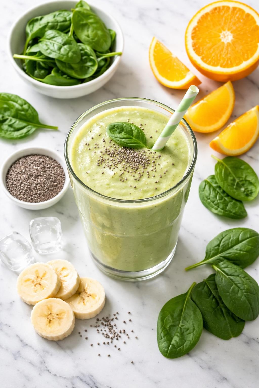 Realistic top-down editorial food photography of a spinach orange iron-rich smoothie served in a clear glass on a clean white and gray marble countertop. The smoothie is pale green, creamy, smooth, and fresh-looking, with fresh spinach leaves, orange slices, banana rounds, chia seeds, and a few ice cubes styled neatly nearby. Bright natural window lighting, soft shadows, clean healthy breakfast smoothie styling, high detail, realistic creamy texture, no people, no hands, no text, no watermarks, no props with writing.