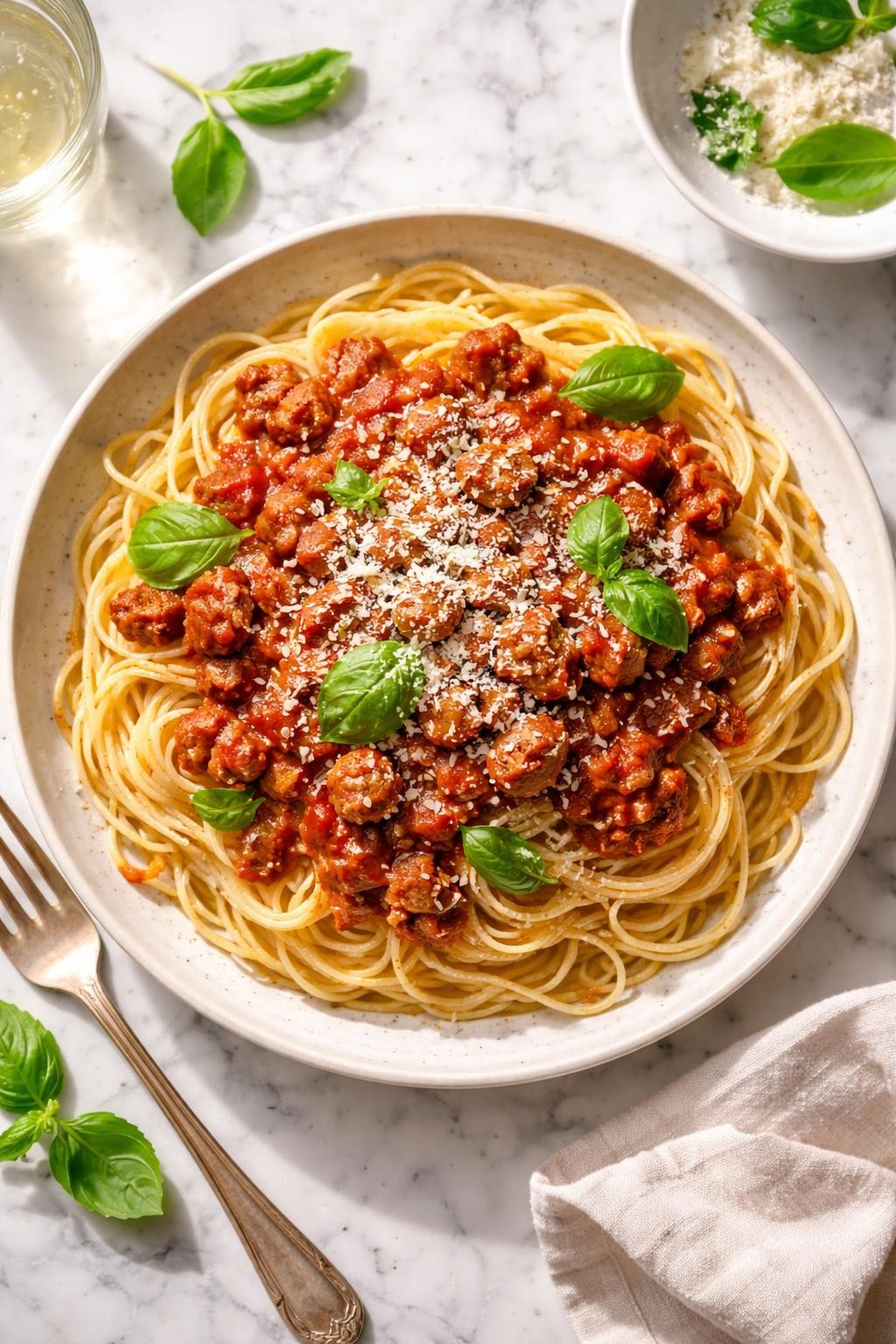 Image Prompt: Realistic top-down editorial food photography of spaghetti topped with Italian sausage meat sauce on a white marble countertop, rich tomato sauce with browned ground Italian sausage over pasta, finished with parmesan and basil, bright natural daylight, soft shadows, classic homemade dinner styling, high detail, realistic food texture, no people, no hands, no text, no watermarks, no props with writing.