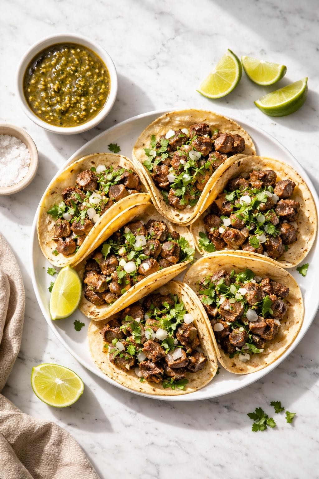 Image Prompt: Realistic top-down editorial food photography of steak street tacos on a white marble countertop, small corn tortillas filled with chopped grilled steak, diced white onion, fresh cilantro, and lime wedges, with a small bowl of salsa verde nearby, bright natural daylight, soft shadows, clean editorial food styling, high detail, realistic food texture, no people, no hands, no text, no watermarks, no props with writing.