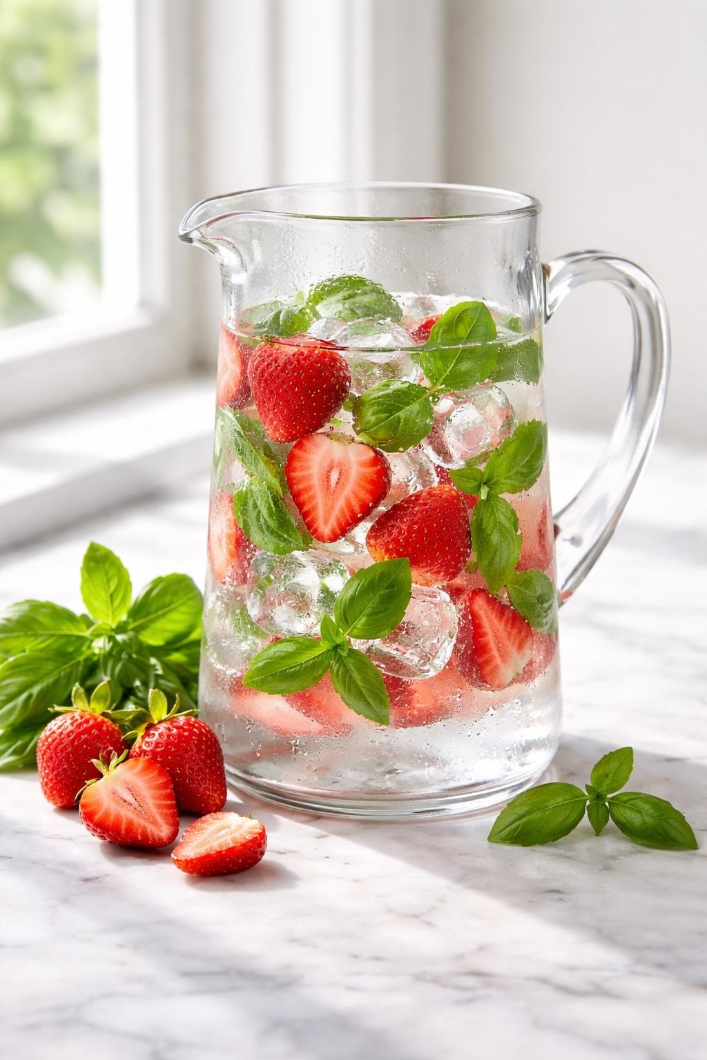 Realistic editorial food photography of strawberry basil detox water in a clear glass pitcher on a clean marble countertop, sliced fresh strawberries and basil leaves floating in cold clear water with ice cubes, a few whole strawberries and basil sprigs placed neatly beside the pitcher, bright natural window lighting, fresh homemade summer drink styling, soft shadows, high detail, no people, no hands, no text, no watermarks, no props with writing.