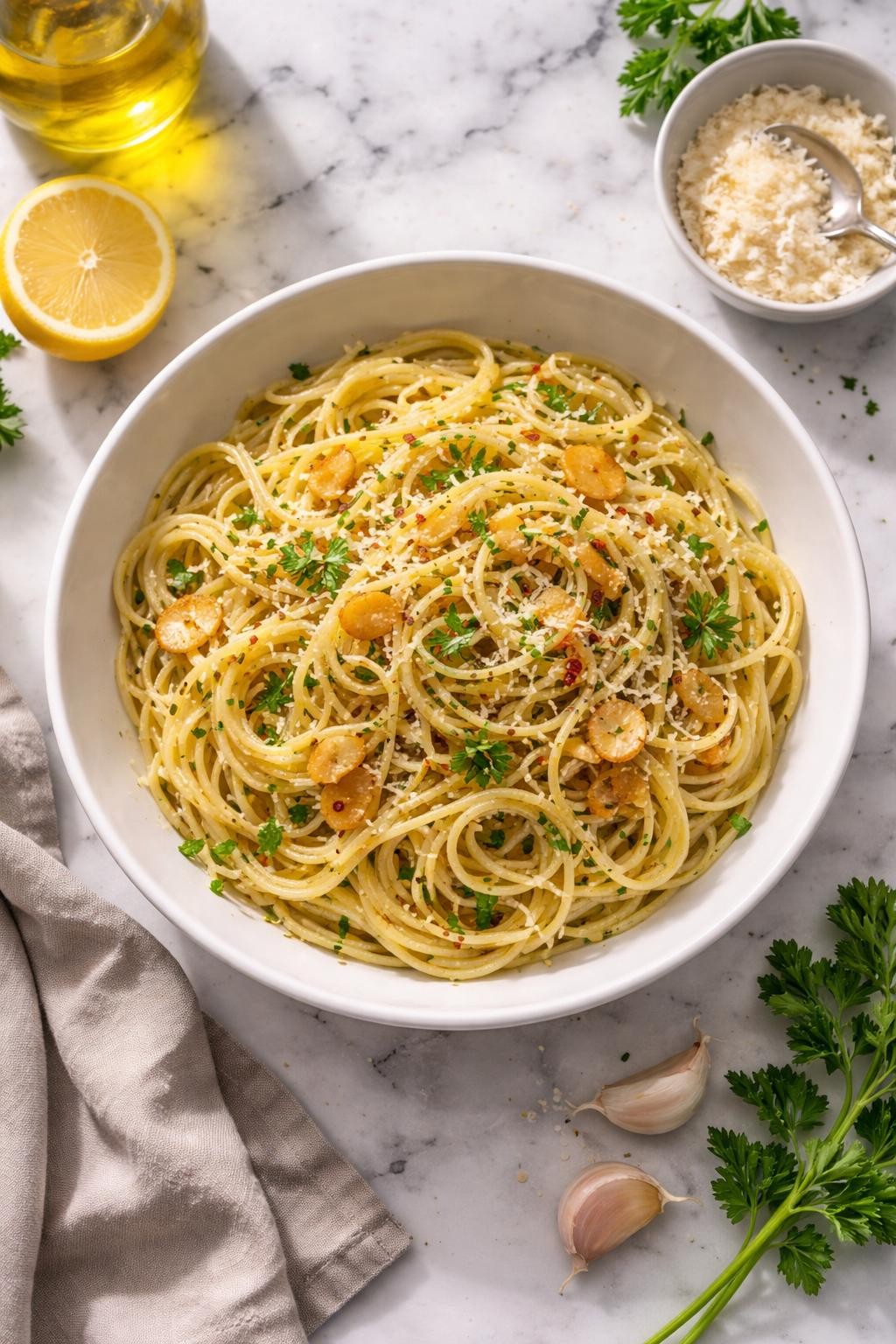 Image Prompt: Realistic top-down editorial food photography of classic spaghetti aglio e olio in a shallow white bowl on a clean white and gray marble countertop, spaghetti coated in olive oil with thin slices of golden garlic, red pepper flakes, chopped parsley, and a light sprinkle of parmesan, bright natural window lighting, soft shadows, clean Italian dinner styling, high detail, realistic food texture, no people, no hands, no text, no watermarks, no props with writing.