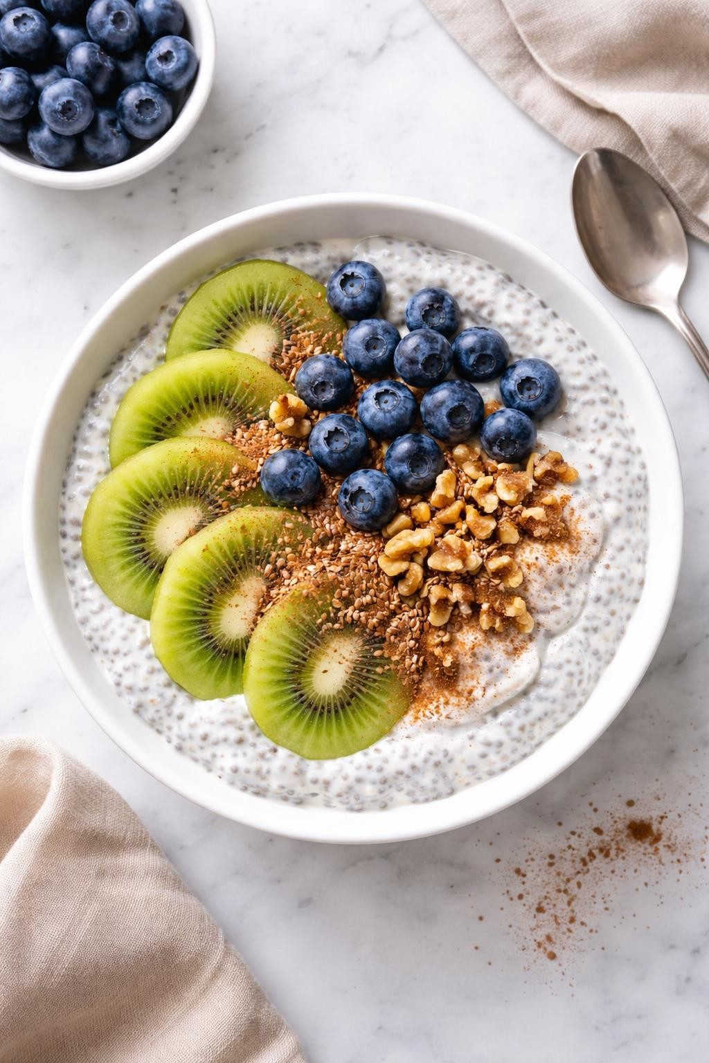 Realistic top-down editorial food photography of a Greek yogurt chia bowl on a white marble countertop, plain Greek yogurt mixed with chia seeds and topped with sliced kiwi, blueberries, ground flaxseed, chopped walnuts, and a light sprinkle of cinnamon, simple white bowl, clean healthy breakfast styling, soft natural daylight, high detail, realistic creamy texture, no people, no hands, no text, no watermarks, no props with writing.