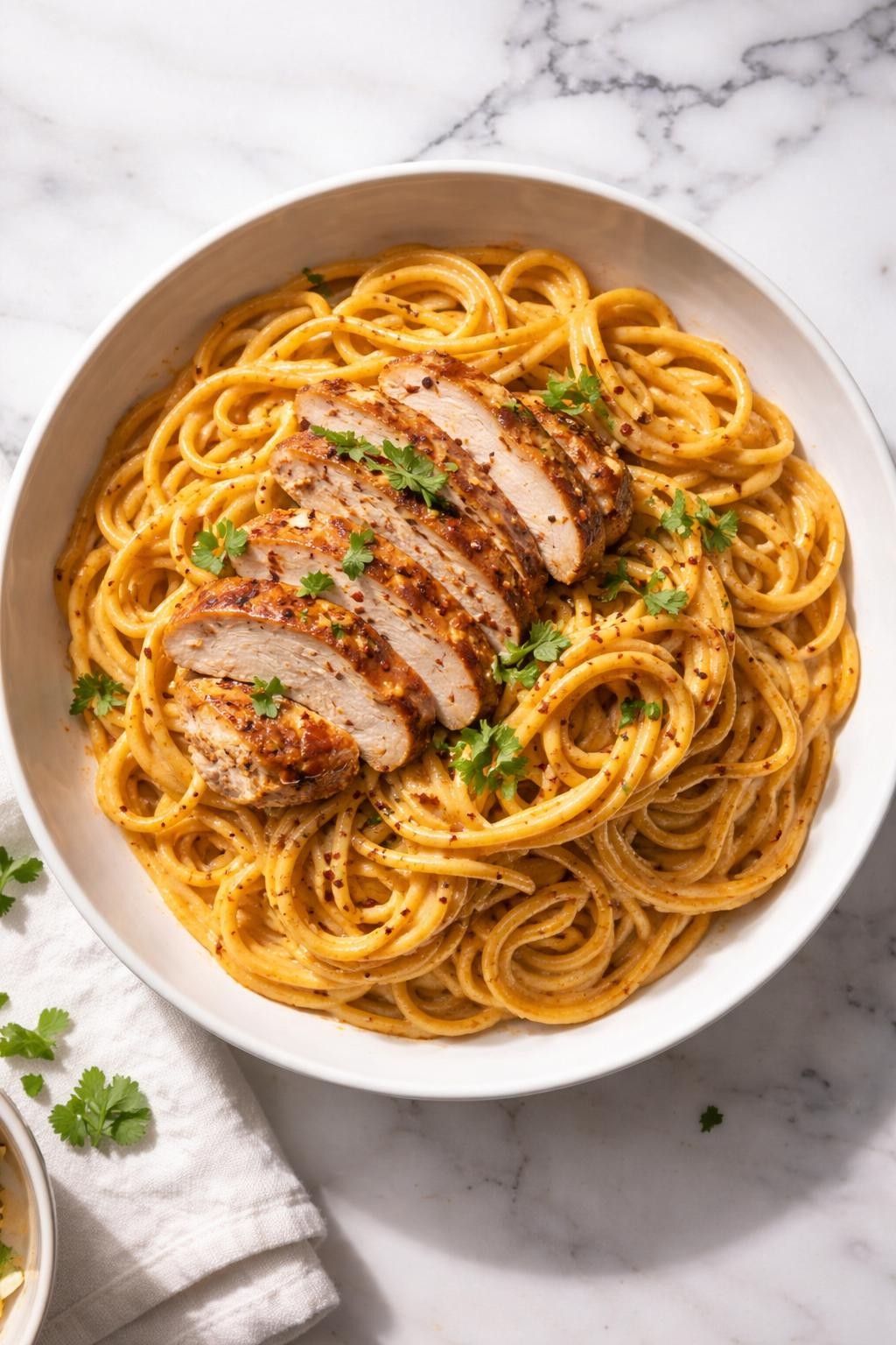 Image Prompt: Realistic top-down editorial food photography of chipotle chicken spaghetti in a shallow white bowl on a white marble countertop, spaghetti coated in smoky creamy chipotle sauce with sliced chicken and chopped cilantro, bright natural daylight, soft shadows, clean editorial food styling, high detail, realistic food texture, no people, no hands, no text, no watermarks, no props with writing.
