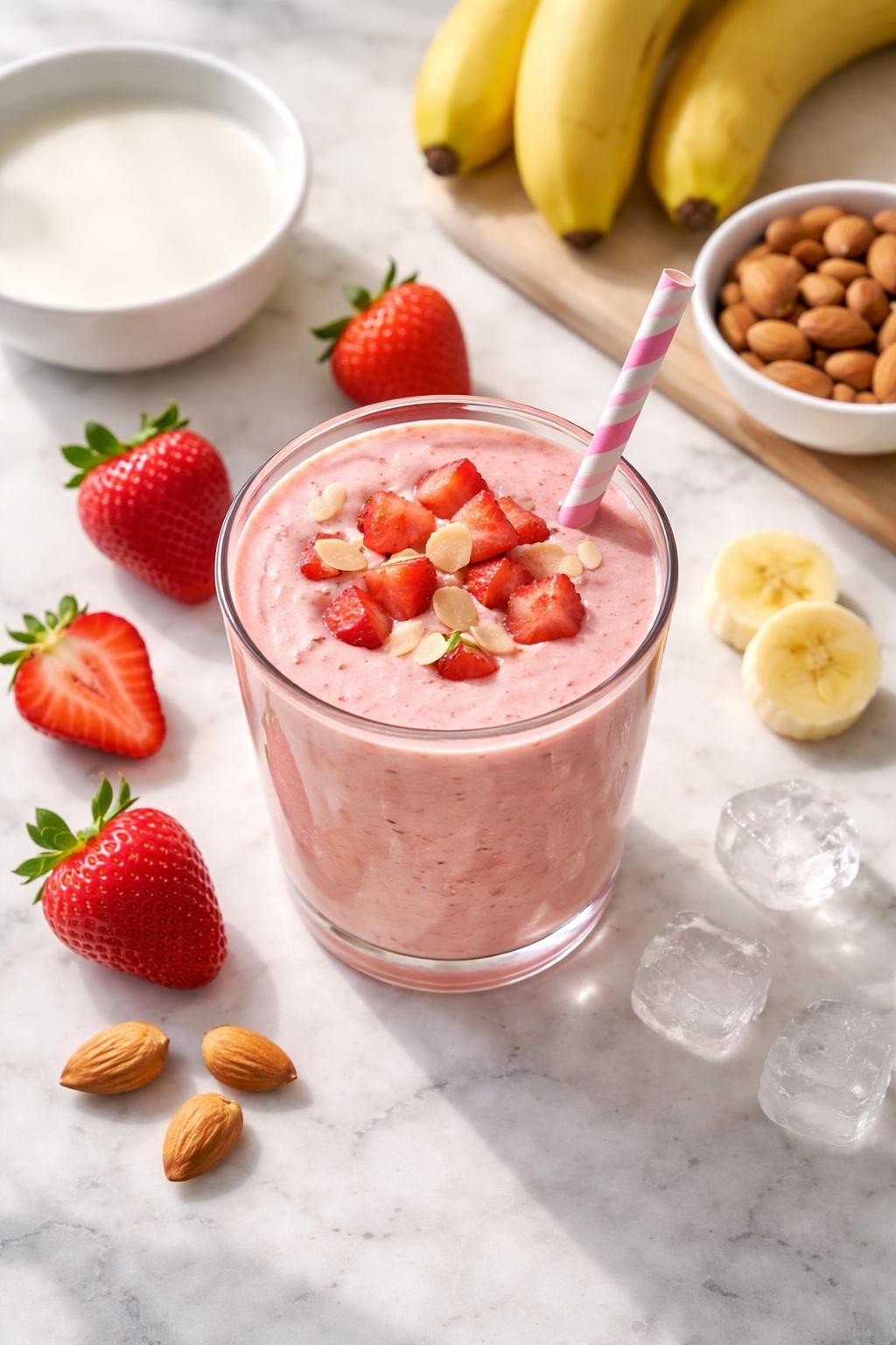 Realistic top-down editorial food photography of a strawberry almond milk smoothie in a clear glass on a light marble countertop. The smoothie is soft pink, thick, creamy, and fresh-looking, styled with strawberries, almond milk in a plain bowl, banana slices, and a few ice cubes nearby. Bright natural daylight, clean fruity breakfast mood, soft shadows, realistic smoothie texture, high detail, no people, no hands, no text, no watermarks, no props with writing.