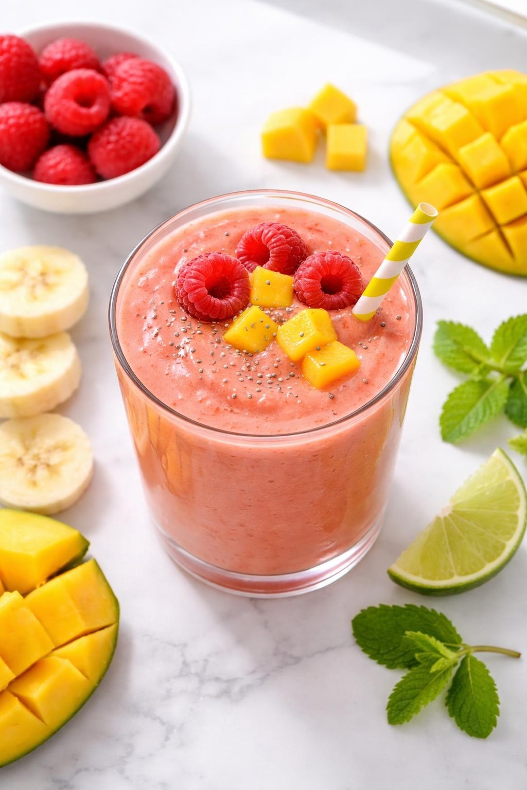 Realistic top-down food photography of a raspberry mango smoothie served in a clear glass on a clean white marble countertop. The smoothie is coral pink-orange, thick, smooth, and fresh-looking, styled with raspberries, mango cubes, banana slices, and a small lime wedge nearby. Bright natural window lighting, clean tropical smoothie styling, realistic fruit texture, high detail, no people, no hands, no text, no watermarks, no props with writing.