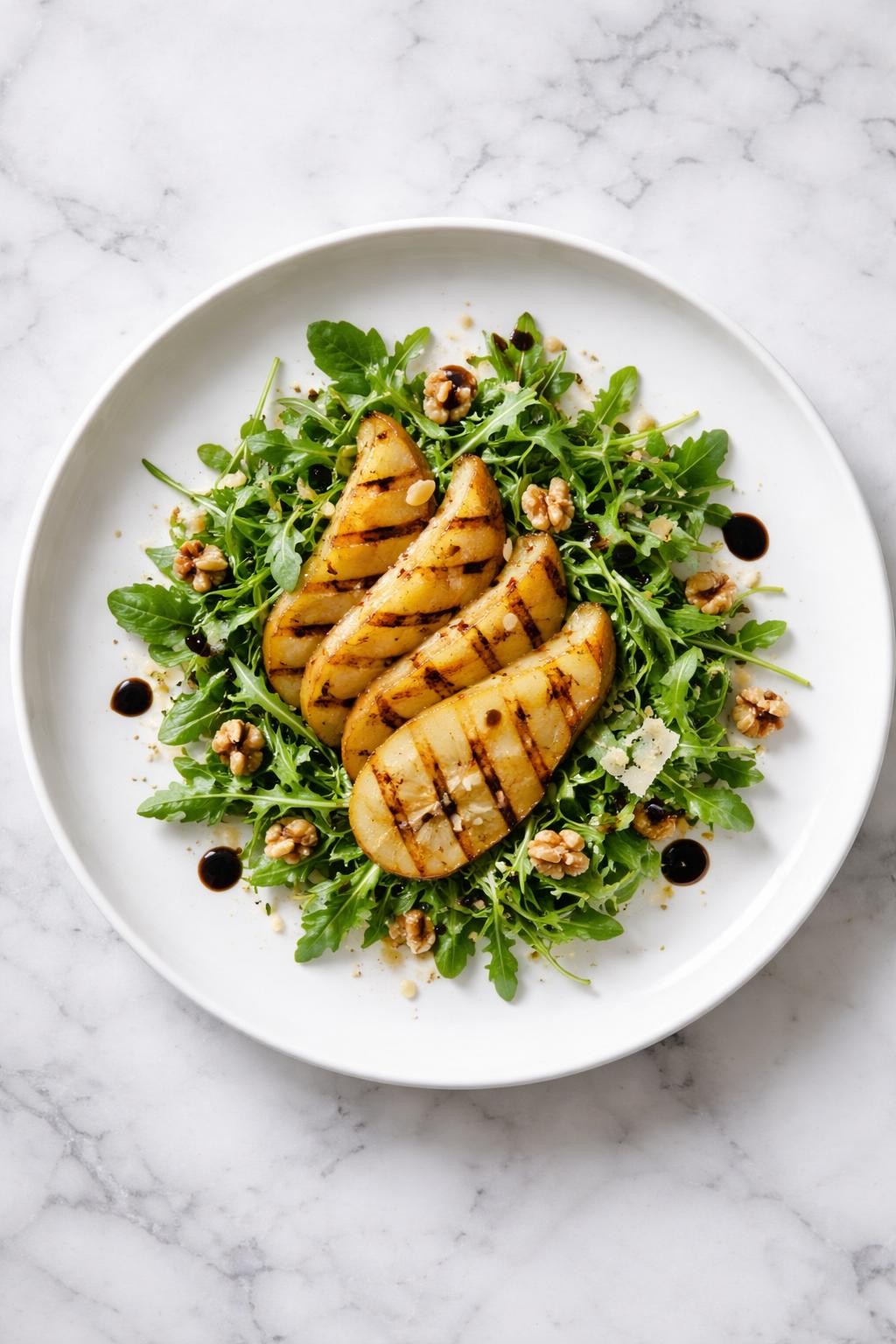 Image Prompt: Top-down realistic food photography of an elegant vegan grilled pear and arugula salad on a white fine dining plate over a clean marble countertop, grilled pear slices with fresh arugula, toasted nuts, and light balsamic glaze, refined appetizer plating, bright natural daylight, upscale starter course mood, no people, no hands, no text, no watermarks, no props with writing.