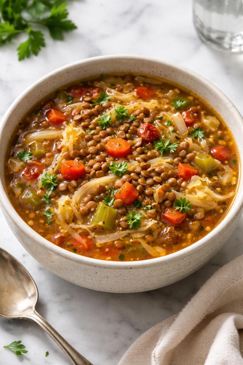 Realistic editorial food photography of cabbage lentil detox soup in a neutral ceramic bowl on a white marble countertop, hearty broth filled with brown lentils, shredded cabbage, carrots, celery, onion, diced tomatoes, garlic, cumin, and fresh parsley, warm filling homemade soup mood, bright natural light, soft shadows, realistic lentil and vegetable texture, high detail, no people, no hands, no text, no watermarks, no props with writing.