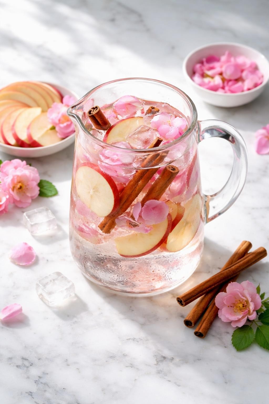 Realistic top-down editorial food photography of wild rose apple cinnamon water in a clear pitcher on a clean marble countertop, thin apple slices, cinnamon sticks, fresh wild rose petals, and ice cubes floating in cold water, extra apple slices and rose petals arranged neatly nearby, cozy fresh homemade drink mood, natural window lighting, soft shadows, high detail, no people, no hands, no text, no watermarks, no props with writing.