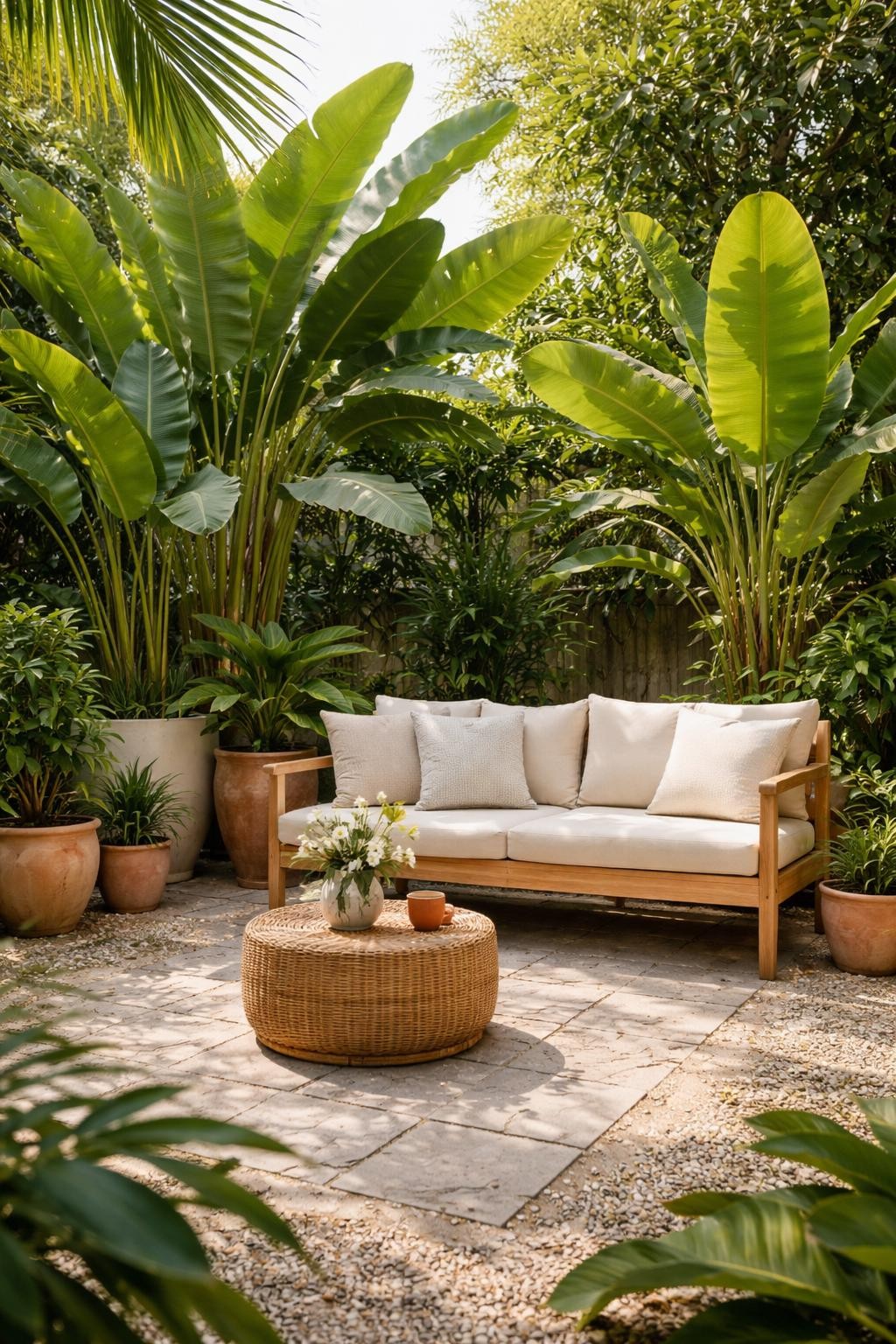 Image Prompt: A lush tropical patio with large banana plants in oversized planters, simple wooden bench with cream cushions, woven side table, terracotta pots, light gravel and paver floor, warm sunlight, bold green garden patio setting, no people, realistic DSLR image, no text, no watermarks on images.