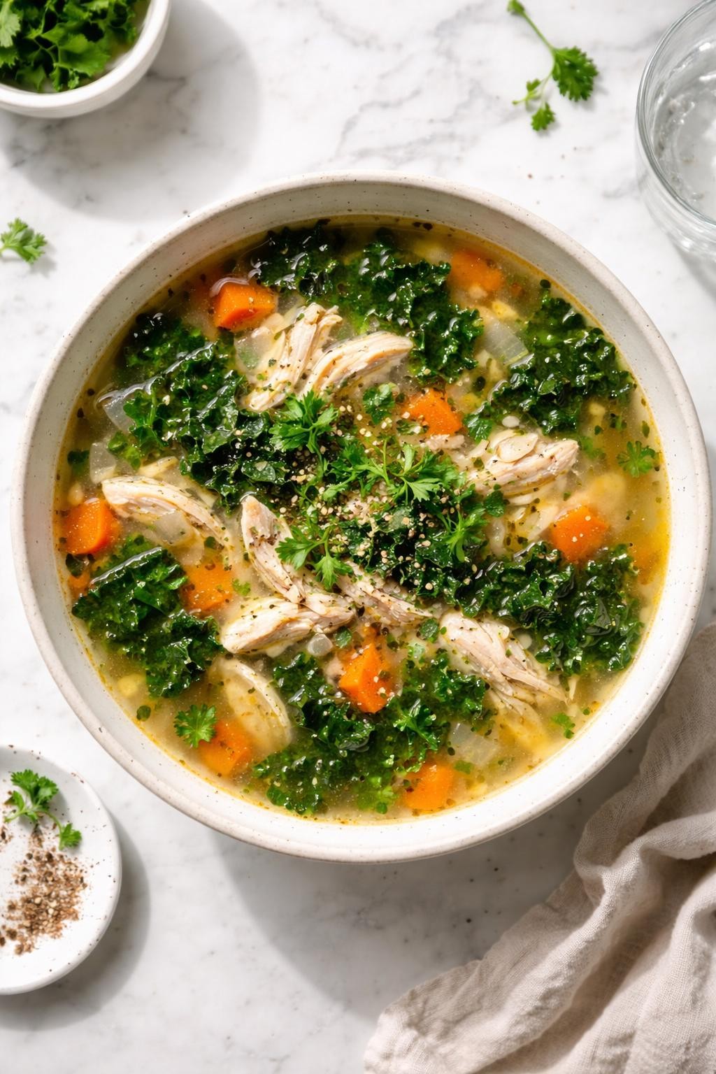 Image Prompt: Realistic top-down editorial food photography of a bowl of turkey bone broth soup with kale on a white marble countertop, filled with shredded turkey, chopped kale, carrots, onions, and a clear golden broth, topped with black pepper and parsley, warm homemade comfort food styling, bright natural daylight, soft shadows, clean composition, high detail, realistic texture, no people, no hands, no text, no watermarks, no props with writing.