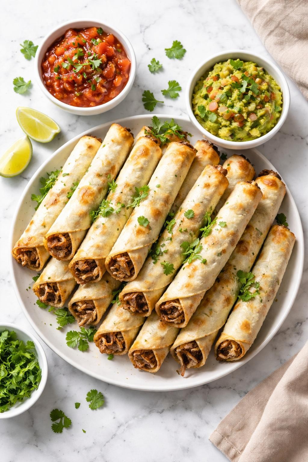 Image Prompt: Realistic top-down editorial food photography of steak and cheese taquitos on a white marble countertop, crisp rolled tortillas filled with shredded steak and melted cheese, arranged neatly with salsa and guacamole on the side, bright natural daylight, soft shadows, clean homemade dinner styling, high detail, realistic food texture, no people, no hands, no text, no watermarks, no props with writing.