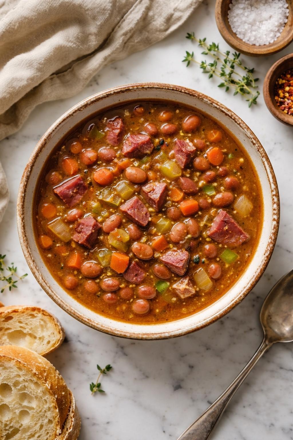 Image Prompt: Realistic top-down editorial food photography of smoky ham pinto bean soup in a rustic bowl on a white marble countertop, warm brown broth with tender pinto beans, diced ham, carrots, and celery, cozy homemade styling, soft natural daylight, clean composition, realistic texture, no people, no hands, no text, no watermarks, no props with writing.