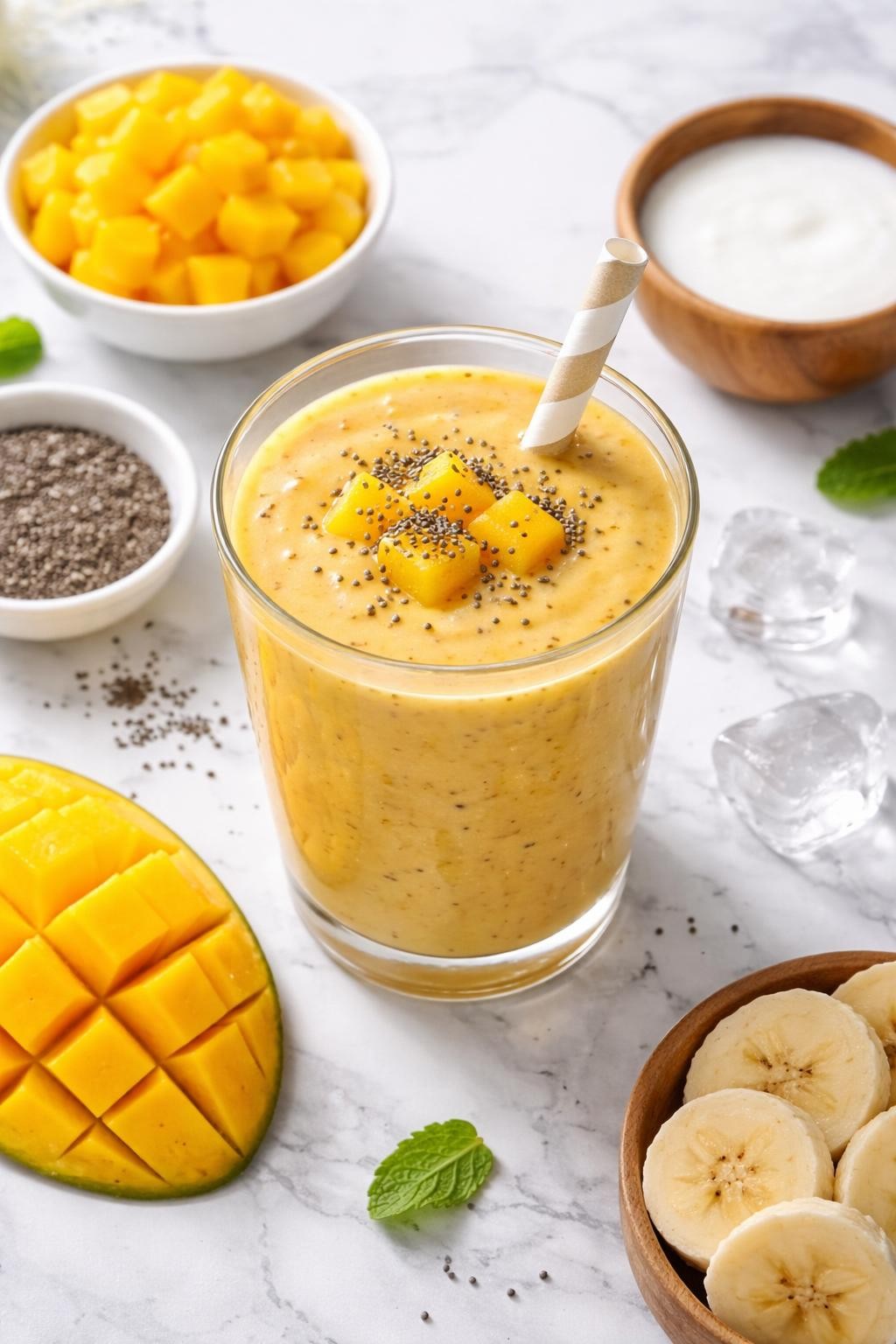 Realistic top-down editorial food photography of a mango chia seed smoothie in a clear glass on a clean white and gray marble countertop. The smoothie is golden yellow, thick, smooth, and creamy with small chia specks, styled with mango cubes, chia seeds in a plain dish, banana slices, coconut milk, and a few ice cubes nearby. Bright natural daylight, clean tropical smoothie styling, realistic texture, high detail, no people, no hands, no text, no watermarks, no props with writing.